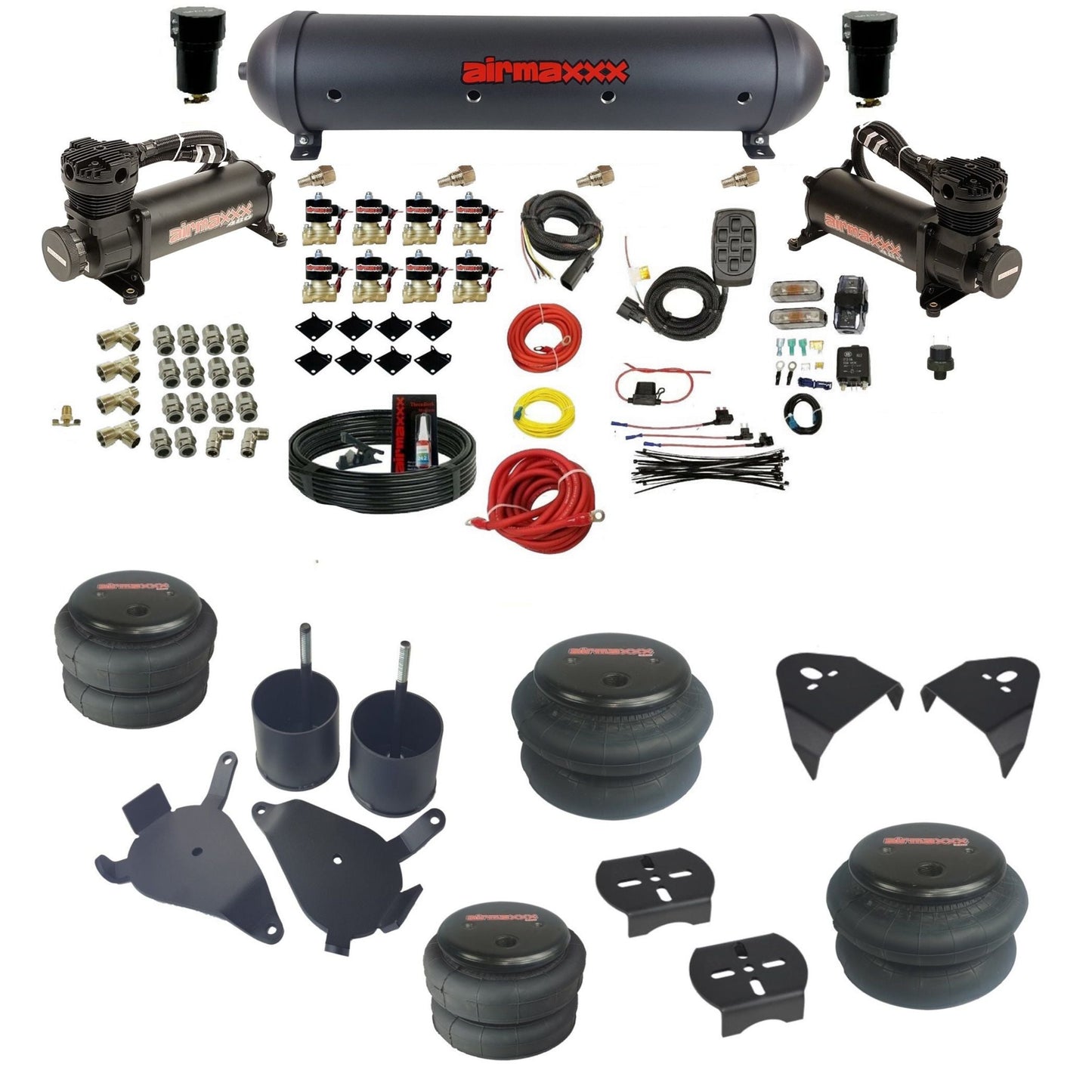 airmaxxx air suspension kit with 480 black compressors 5 gallon steel tank 2500 2600 bags and brackets fits chevy s10/S15/Sonoma KS10-480B2-838-59ABK-7BK-WK-HF