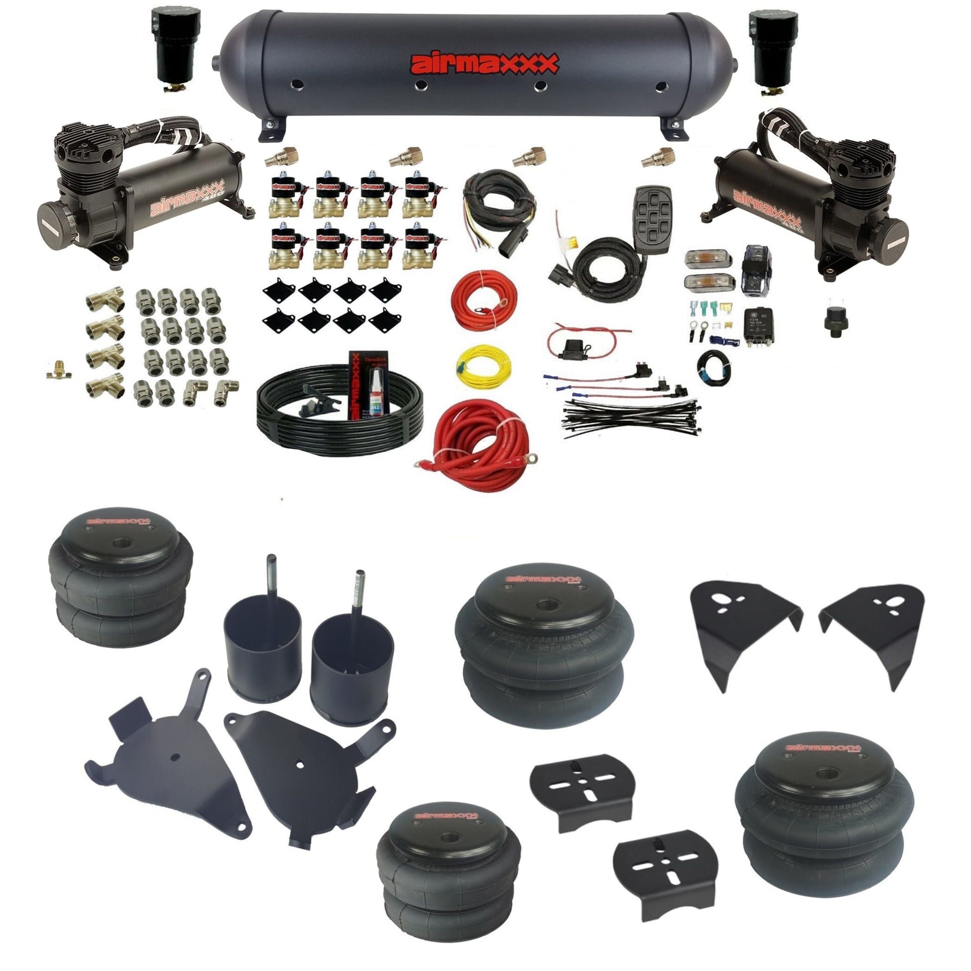 airmaxxx air suspension kit with 480 black compressors 5 gallon steel tank 2500 2600 bags and brackets fits chevy s10/S15/Sonoma KS10-480B2-838-59ABK-7BK-WK-HF