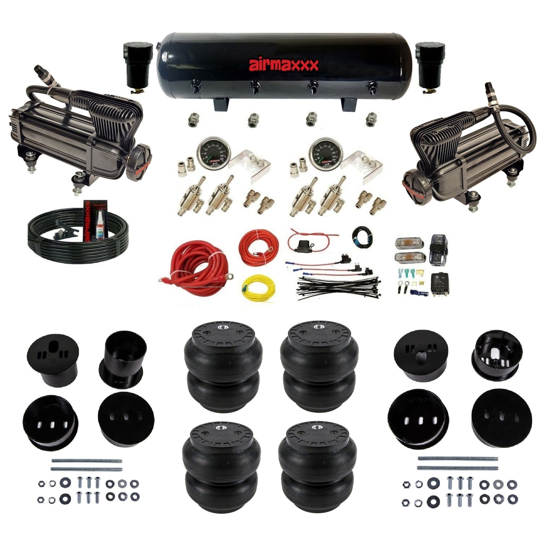 airmaxxx air suspension kit with dual X-series compressors steel tank and Slam bags Fits 1958-60 cadillac KCAD58-XB2-59S-4TOG2GA2B-WK-HFSS7