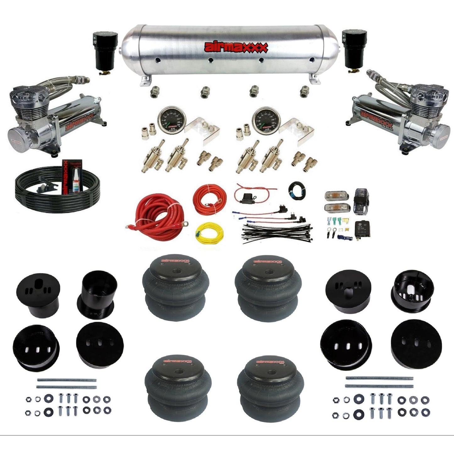 airmaxxx air suspension kit with dual chrome 480 compressors aluminum tank and 2600 bags Fits 1958-60 cadillac KCAD58-480C2-59ARW-4TOG2GA2B-WK-HF