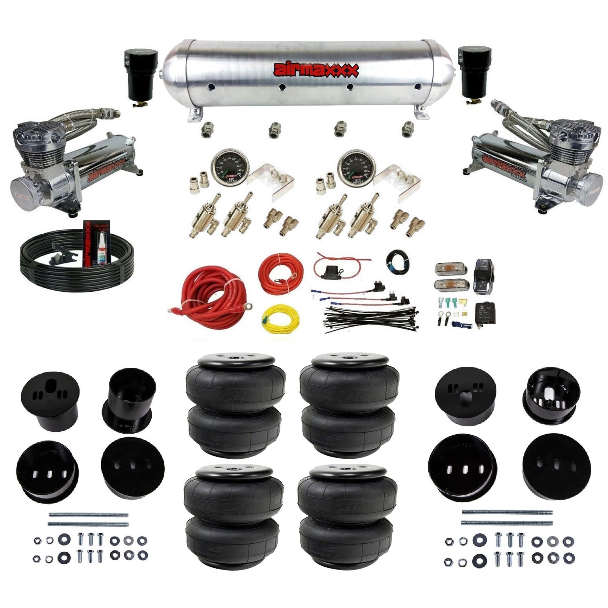 airmaxxx air suspension kit with dual chrome 480 compressors aluminum tank and Air Lift bags Fits 1958-60 cadillac KCAD58-480C2-59ARW-4TOG2GA2B-WK-HFD25