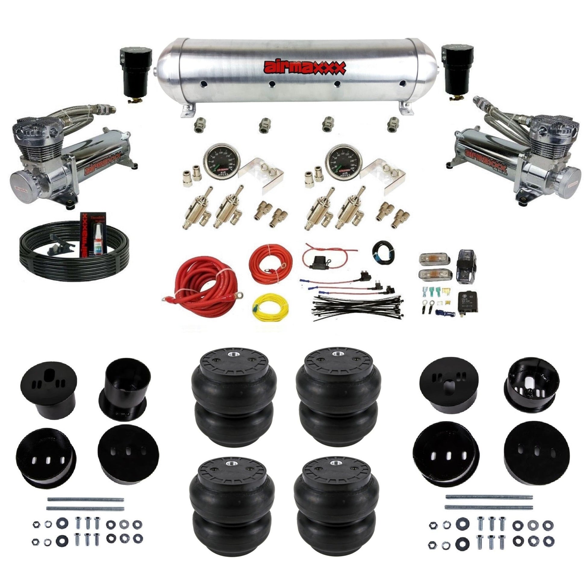 airmaxxx air suspension kit with dual chrome 480 compressors aluminum tank and Slam bags Fits 1958-60 cadillac KCAD58-480C2-59ARW-4TOG2GA2B-WK-HFSS7