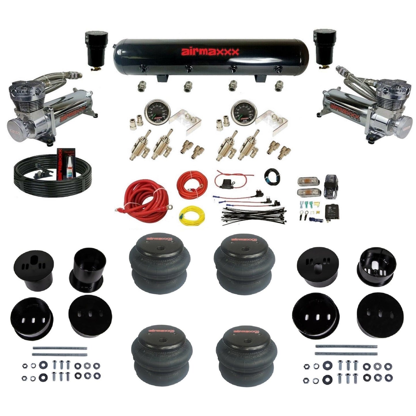 airmaxxx air suspension kit with dual chrome 480 compressors steel tank and 2600 bags Fits 1958-60 cadillac KCAD58-480C2-59S-4TOG2GA2B-WK-HF