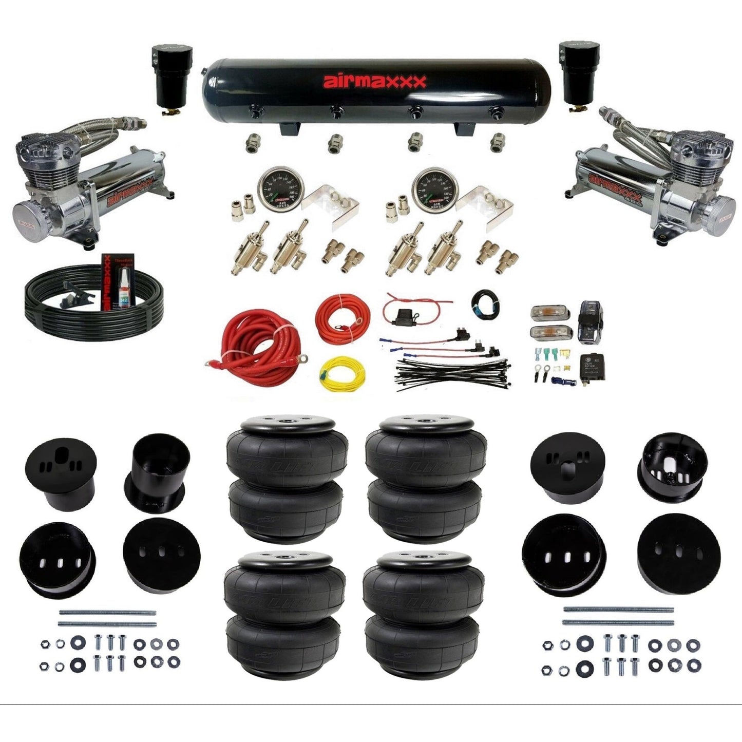 airmaxxx air suspension kit with dual chrome 480 compressors steel tank and Air lift bags Fits 1958-60 cadillac KCAD58-480C2-59S-4TOG2GA2B-WK-HFD25