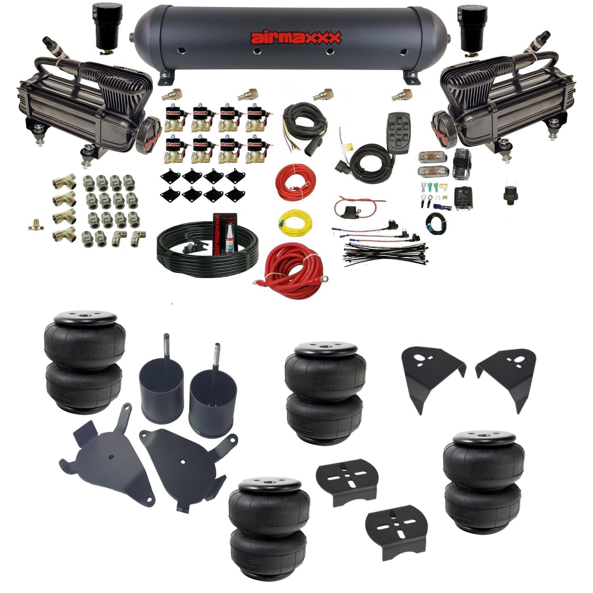 airmaxxx air suspension kit with x-series compressors 5 gallon aluminum tank air lift bags and brackets fits chevy s10/S15/Sonoma KS10-XB2-838-59ABK-7BK-WK-HFD25