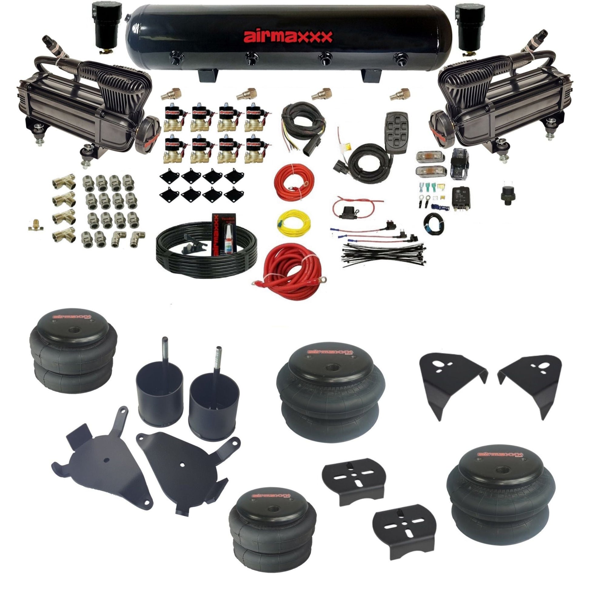 airmaxxx air suspension kit with x-series compressors 5 gallon steel tank 2500 2600 bags and brackets fits chevy s10/S15/Sonoma KS10-XB2-838-59S-7BK-WK-HF