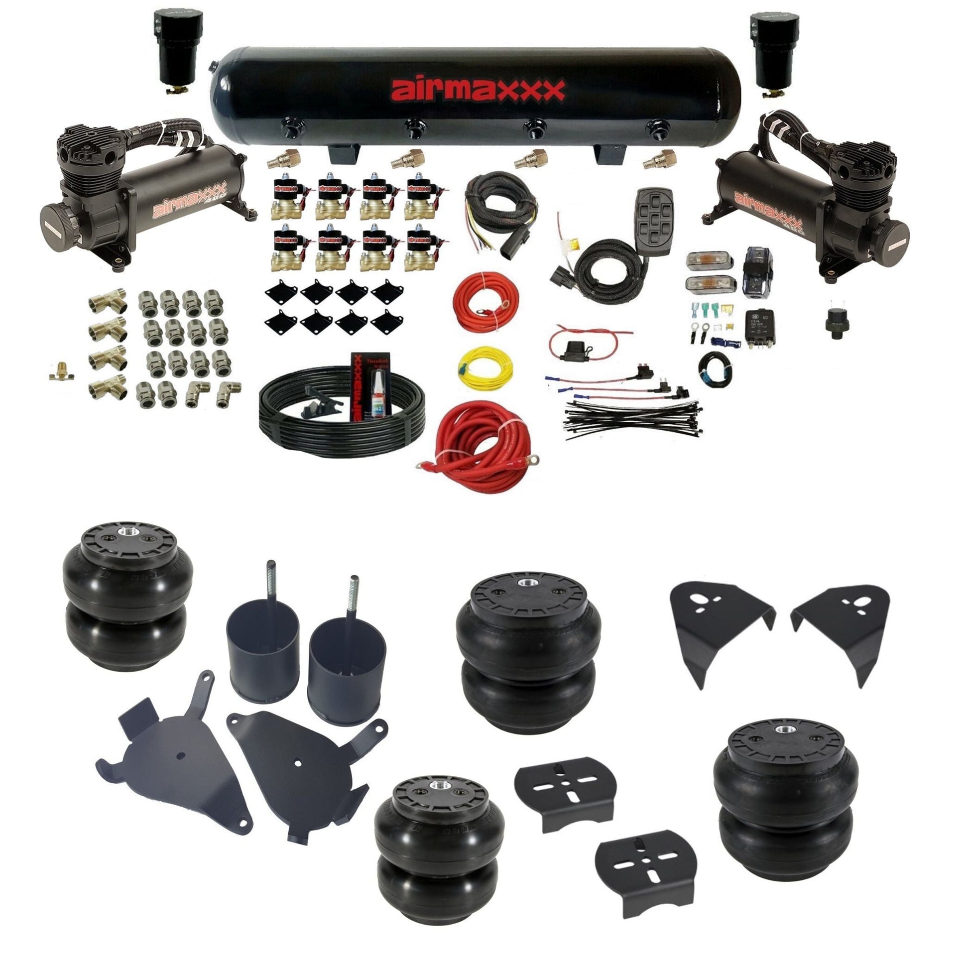airmaxxx air suspension kit with x-series compressors 5 gallon steel tank Slam bags and brackets fits chevy s10/S15/Sonoma KS10-480B2-838-59-7BK-WK-HFSS6SS7