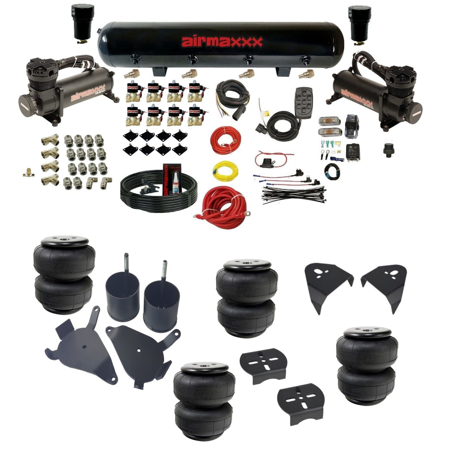 airmaxxx air suspension kit with x-series compressors 5 gallon steel tank air lift bags and brackets fits chevy s10/S15/Sonoma KS10-480B2-838-59-7BK-WK-HFD25