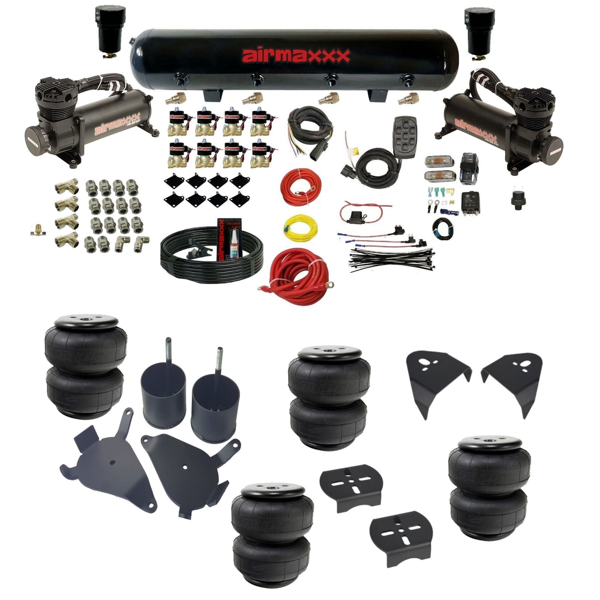 airmaxxx air suspension kit with x-series compressors 5 gallon steel tank air lift bags and brackets fits chevy s10/S15/Sonoma KS10-480B2-838-59-7BK-WK-HFD25