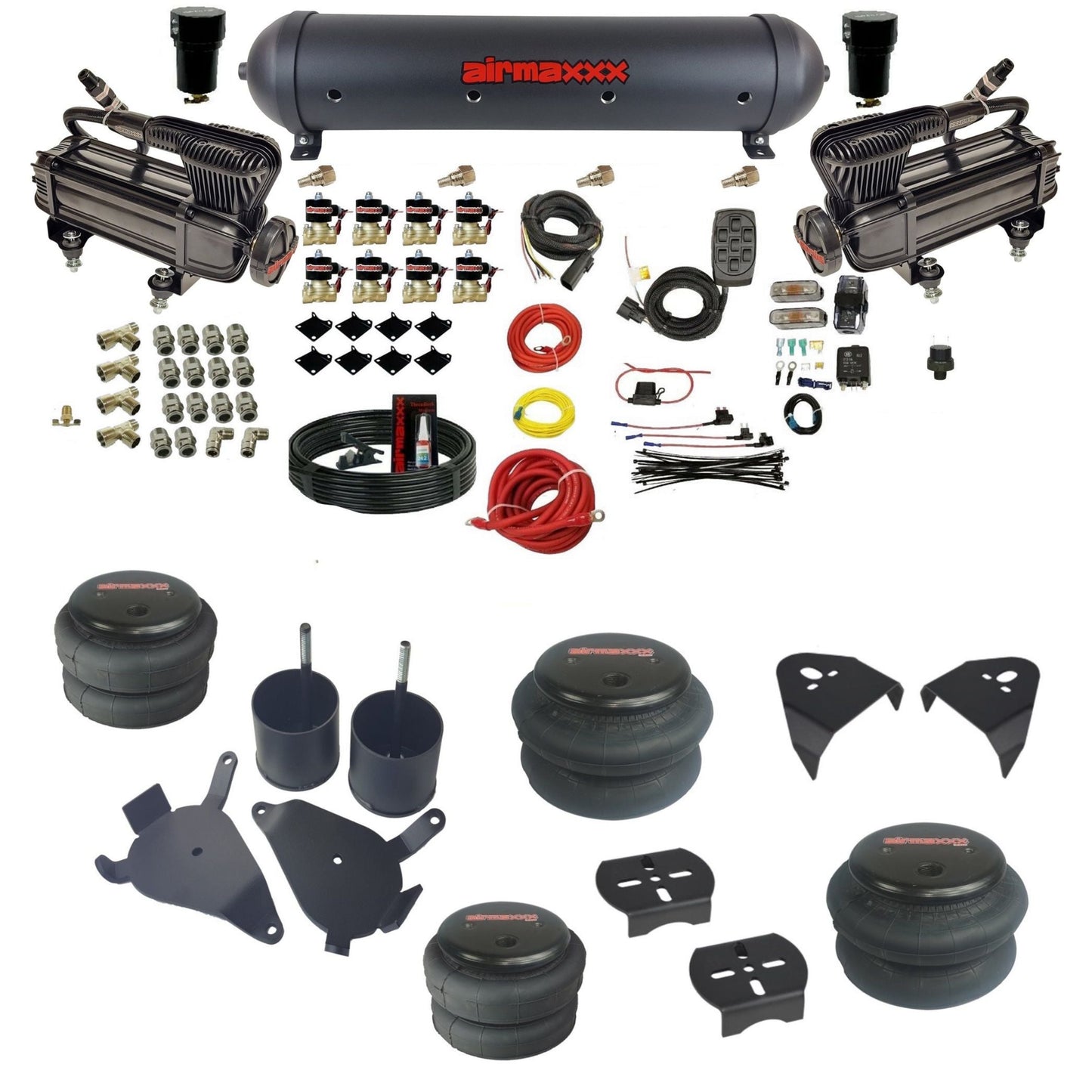 airmaxxx air suspension kit with x-series compressors 5 gallon steel tank 2500 2600 bags and brackets fits chevy s10/S15/Sonoma KS10-XB2-838-59ABK-7BK-WK-HF