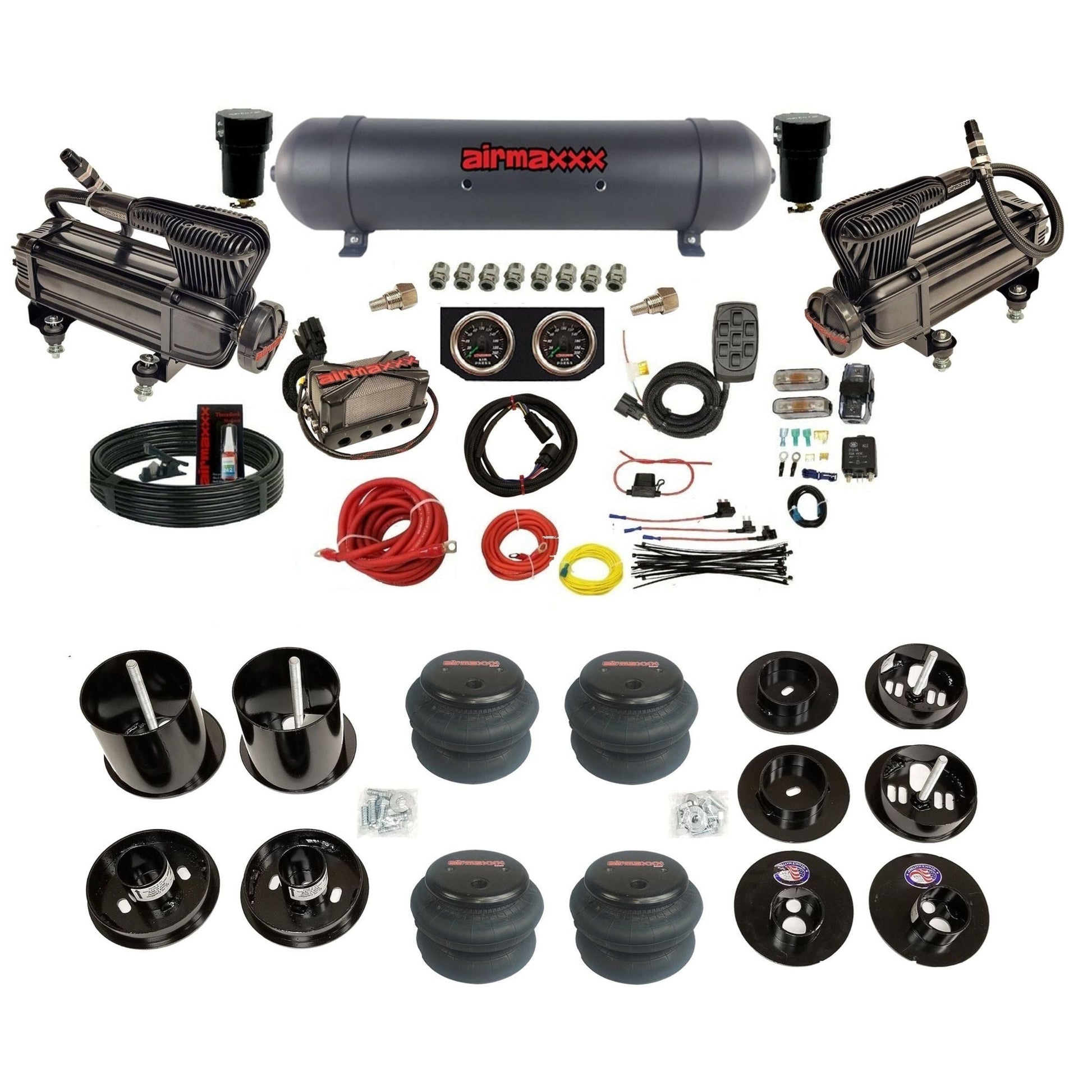 airmaxxx air suspension kit x-series Black aluminum air tank and 2600 bags with brackets and install kit Fits 1965-70 cadillac KCAD65-XB2-57ABK-X4X7-WK-HF