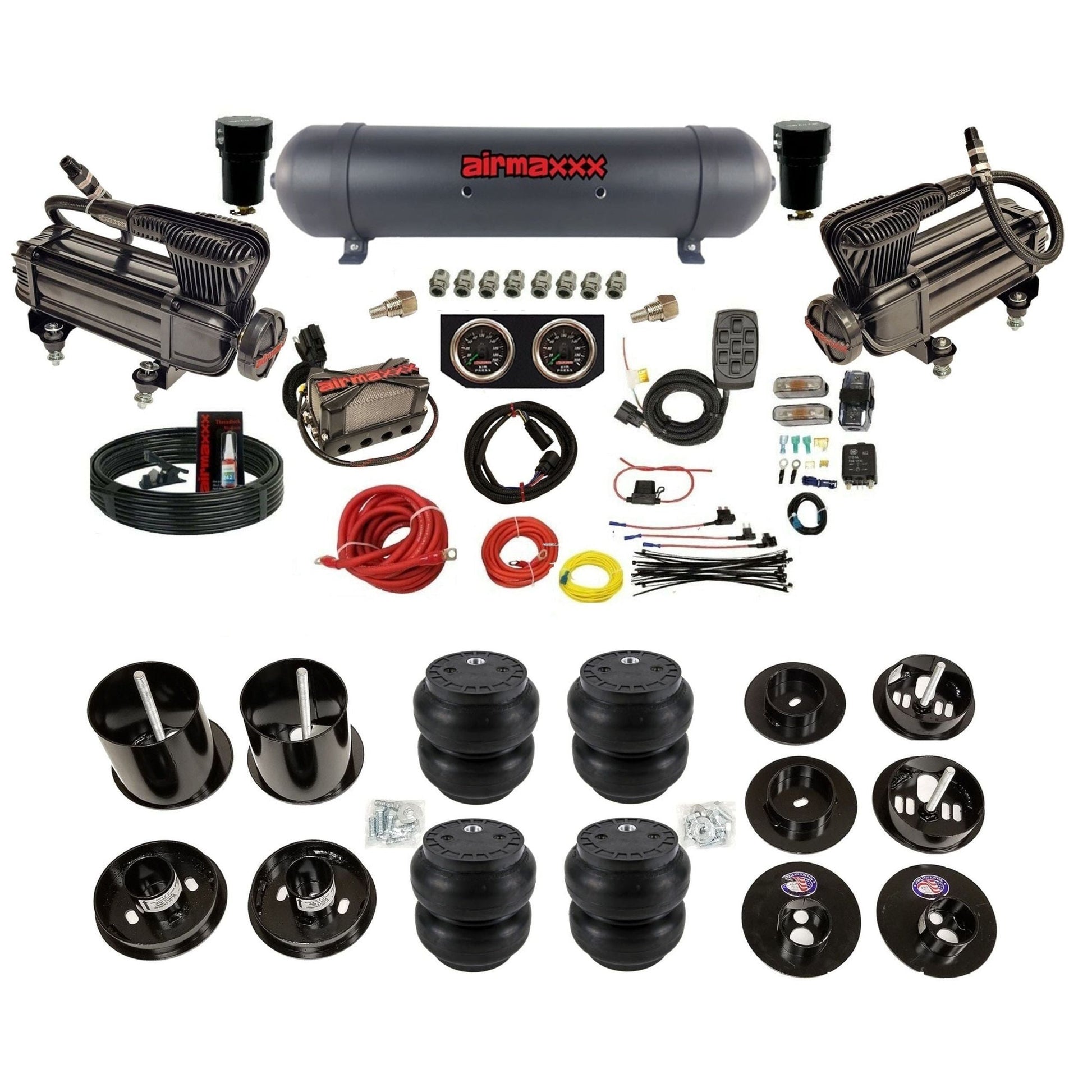 airmaxxx air suspension kit x-series Black aluminum air tank and Slam bags with brackets and install kit Fits 1965-70 cadillac KCAD65-XB2-57ABK-X4X7-WK-HFSS7