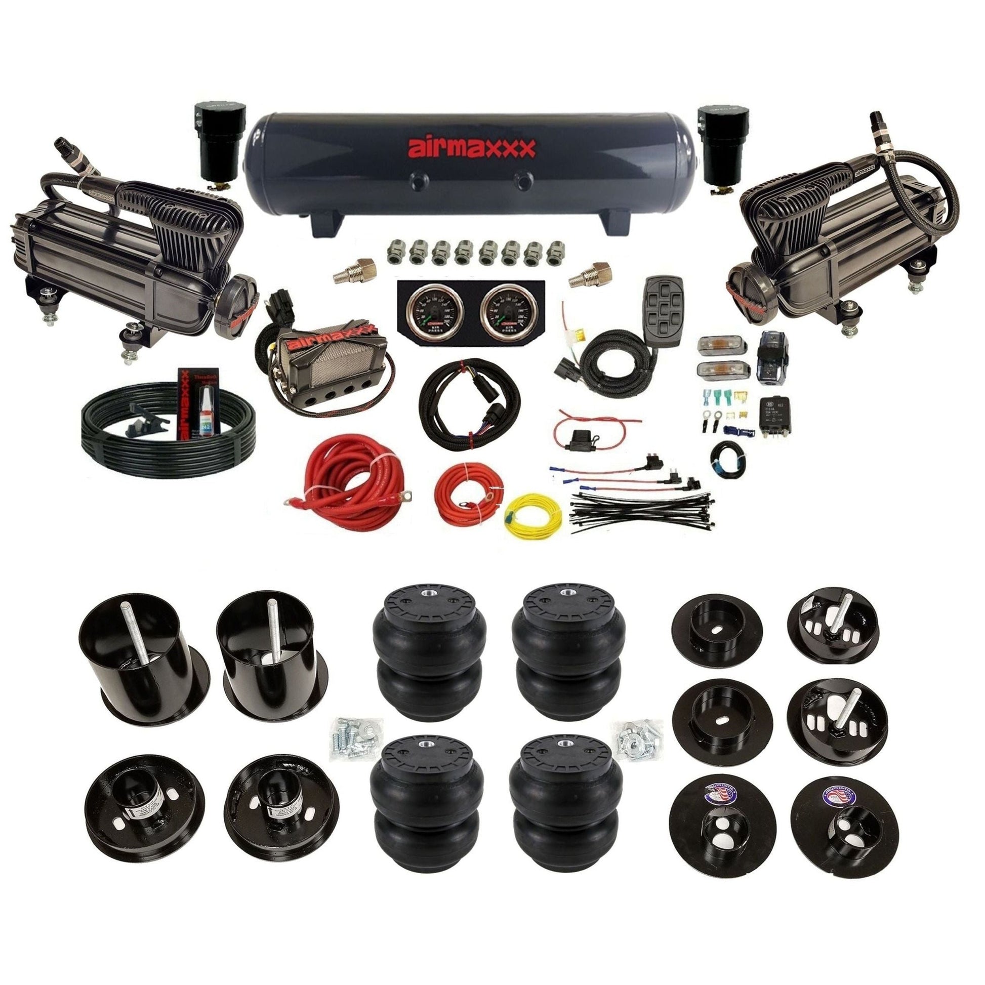 airmaxxx air suspension kit x-series Black steel air tank and Slam bags with brackets and install kit Fits 1965-70 cadillac KCAD65-XB2-57S-X4X7-WK-HFSS7