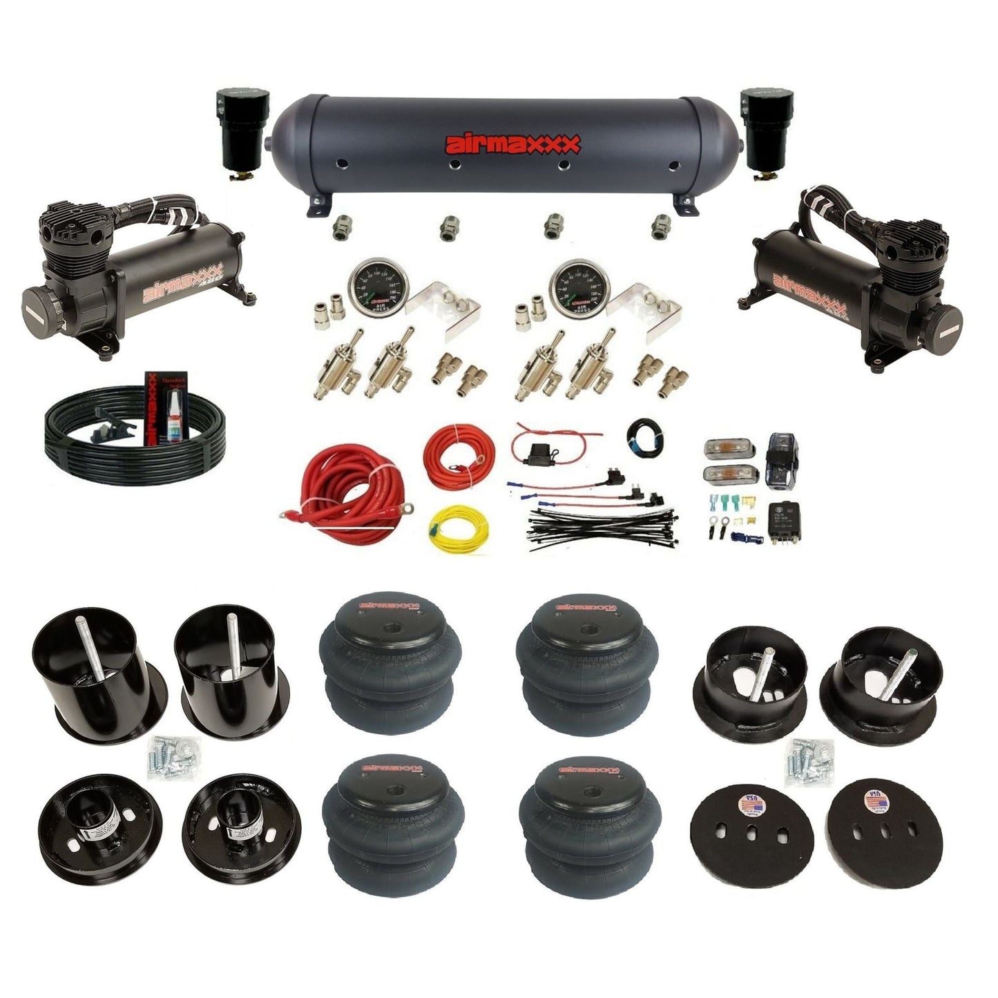 airmaxxx bags & brackets manual 3/8" toggles air suspension kit black 480 compressors & aluminum tank for 1963-1964 Cadillac KCAD63-480B2-59ABK-4TOG2GA2B-WK-HF