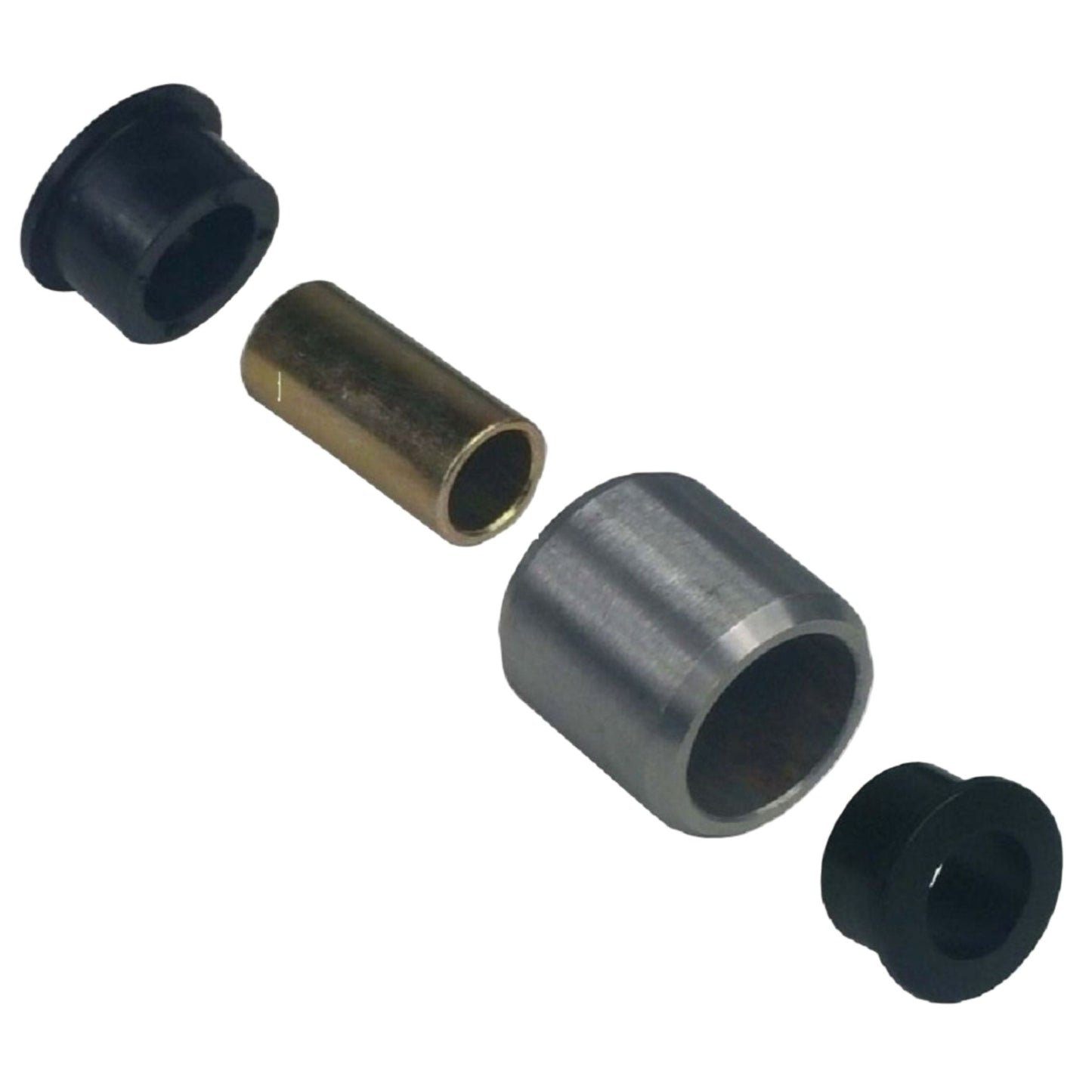 A set of airmaxxx 4 Link Bar End Bushings with a metal bar end, two black bushings, and a silver crush sleeve.
