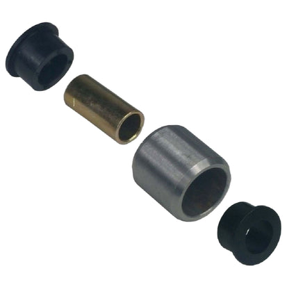 A set of airmaxxx 4 Link Bar End Bushings with a metal bar end, two black bushings, and a silver crush sleeve.