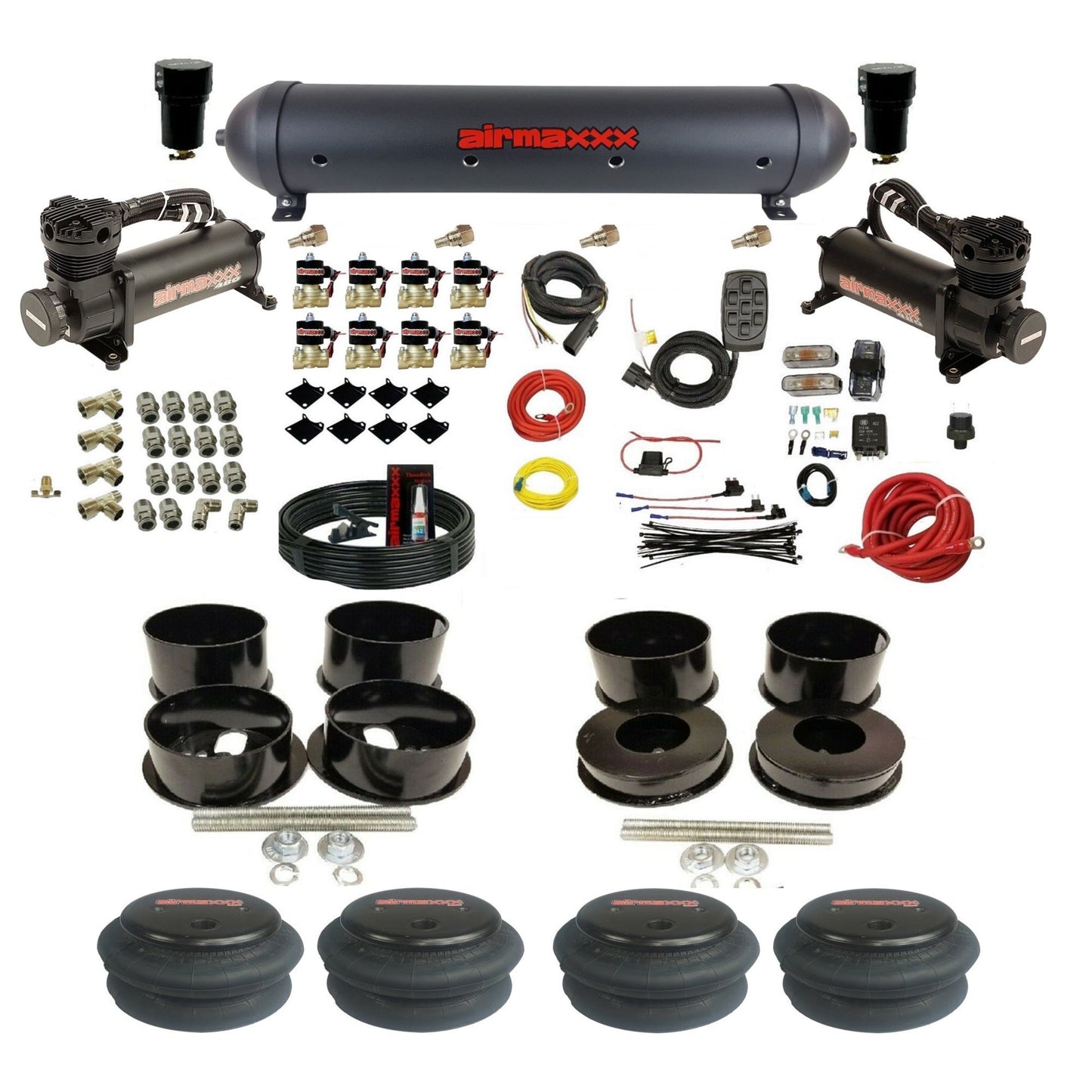 airmaxxx 480 black air compressors aluminum air tank 2600 bags brackets installation kit KBBDY-480B2-838-59ABK-7BK-WK-HF
