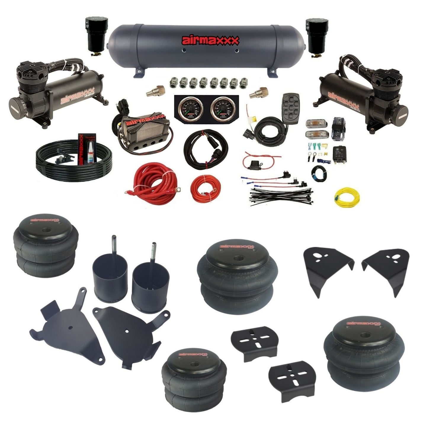 airmaxxx black 480 air compressors black aluminum air tank 2600 bags & brackets air suspension kit fits S10/S15/Sonoma KS10-480B2-57ABK-X4X7-WK-HF 