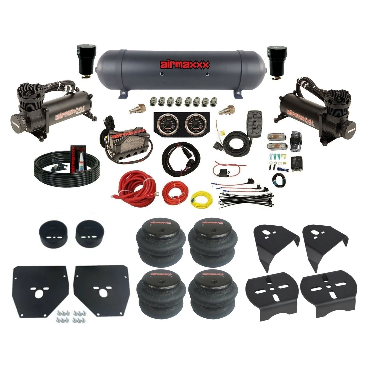 airmaxxx black 480 air compressors black aluminum tank w/2600 bags & brackets 3/8" air suspension manifold kit fits 1973-1987 Chevy C10 KC1073-480B2-57ABK-X4X7-WK-HF