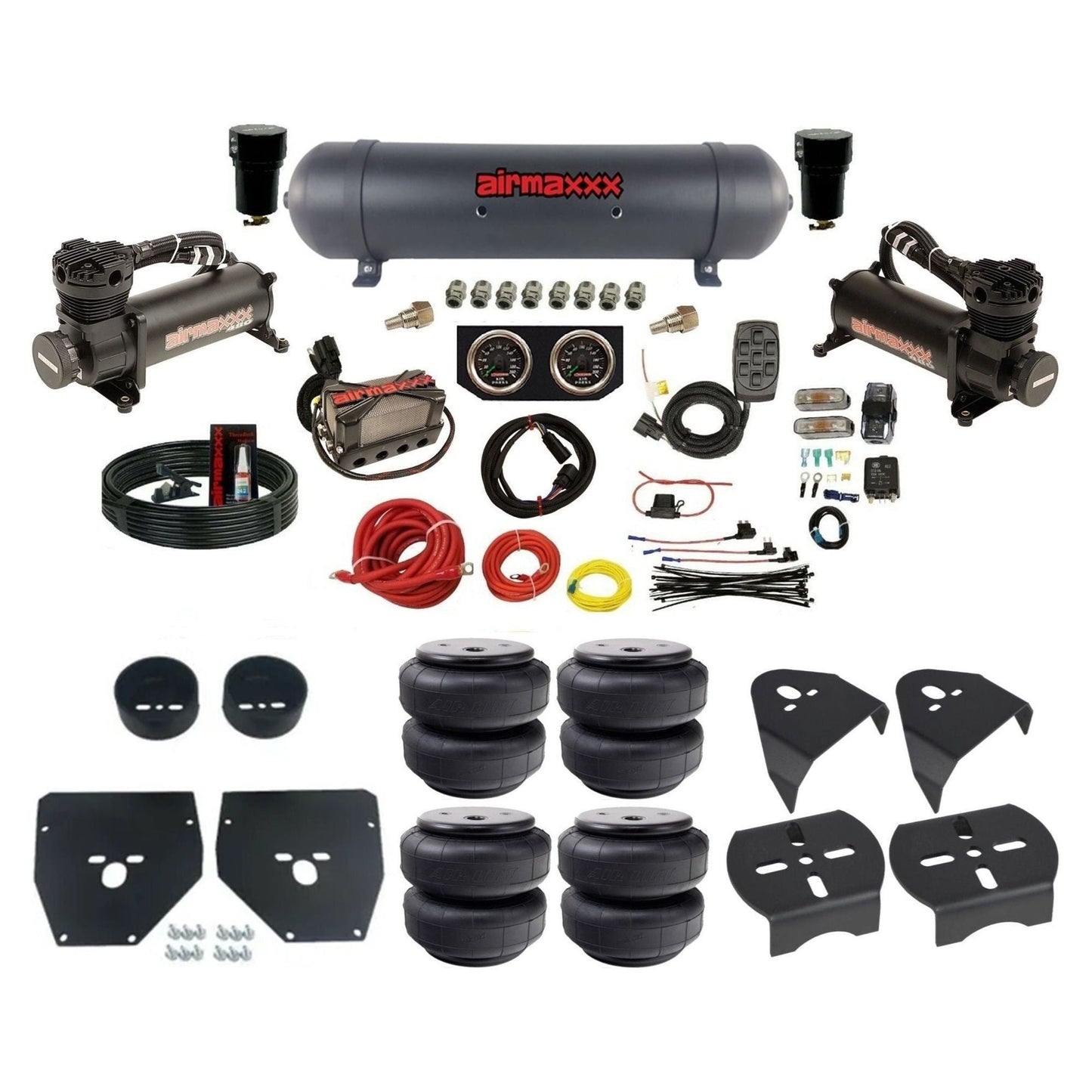 airmaxxx black 480 air compressors black aluminum tank w/Air Lift bags & brackets 3/8" air suspension manifold kit fits 1973-1987 Chevy C10 KC1073-480B2-57ABK-X4X7-WK-HFD26