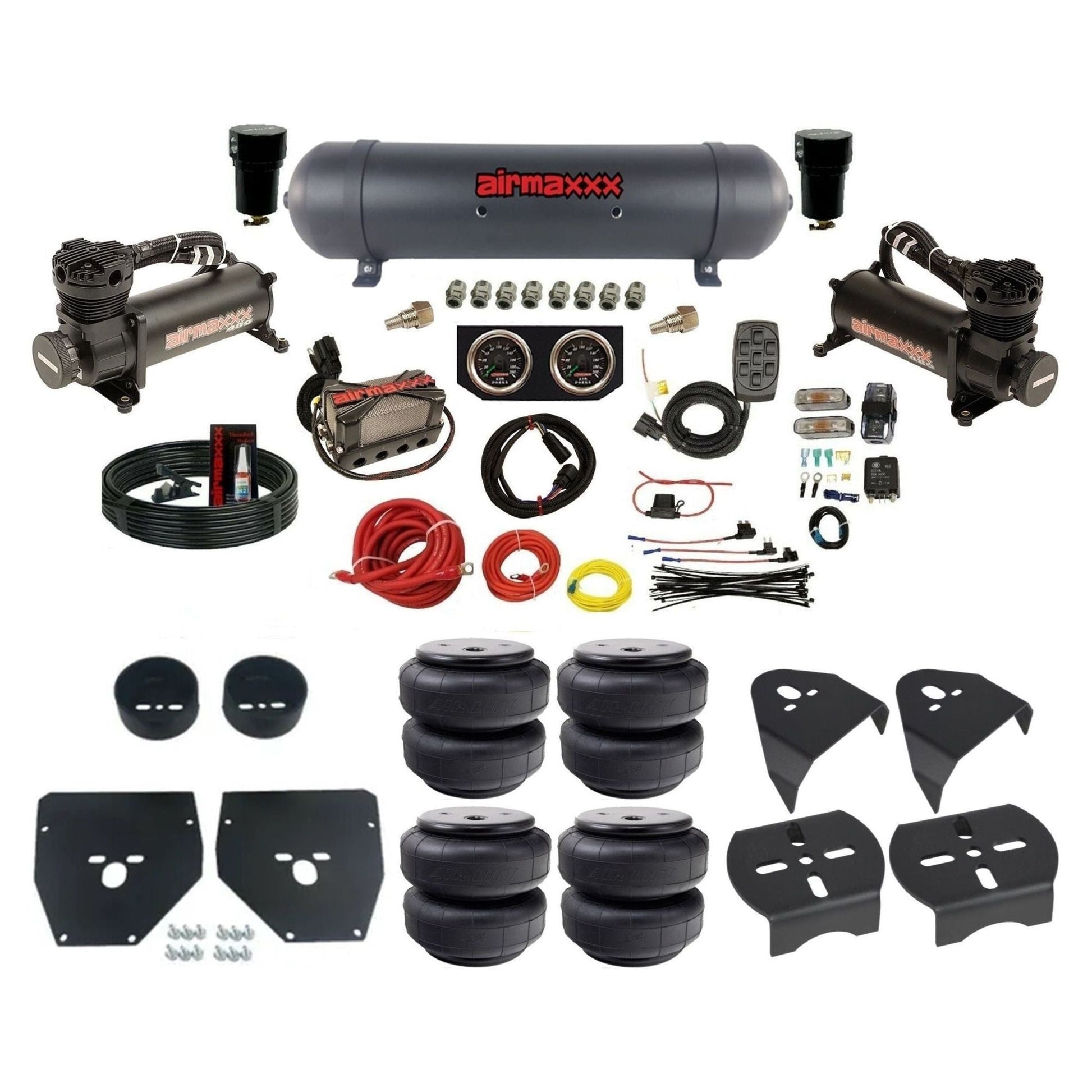 airmaxxx black 480 air compressors black aluminum tank w/Air Lift bags & brackets 3/8" air suspension manifold kit fits 1973-1987 Chevy C10 KC1073-480B2-57ABK-X4X7-WK-HFD26