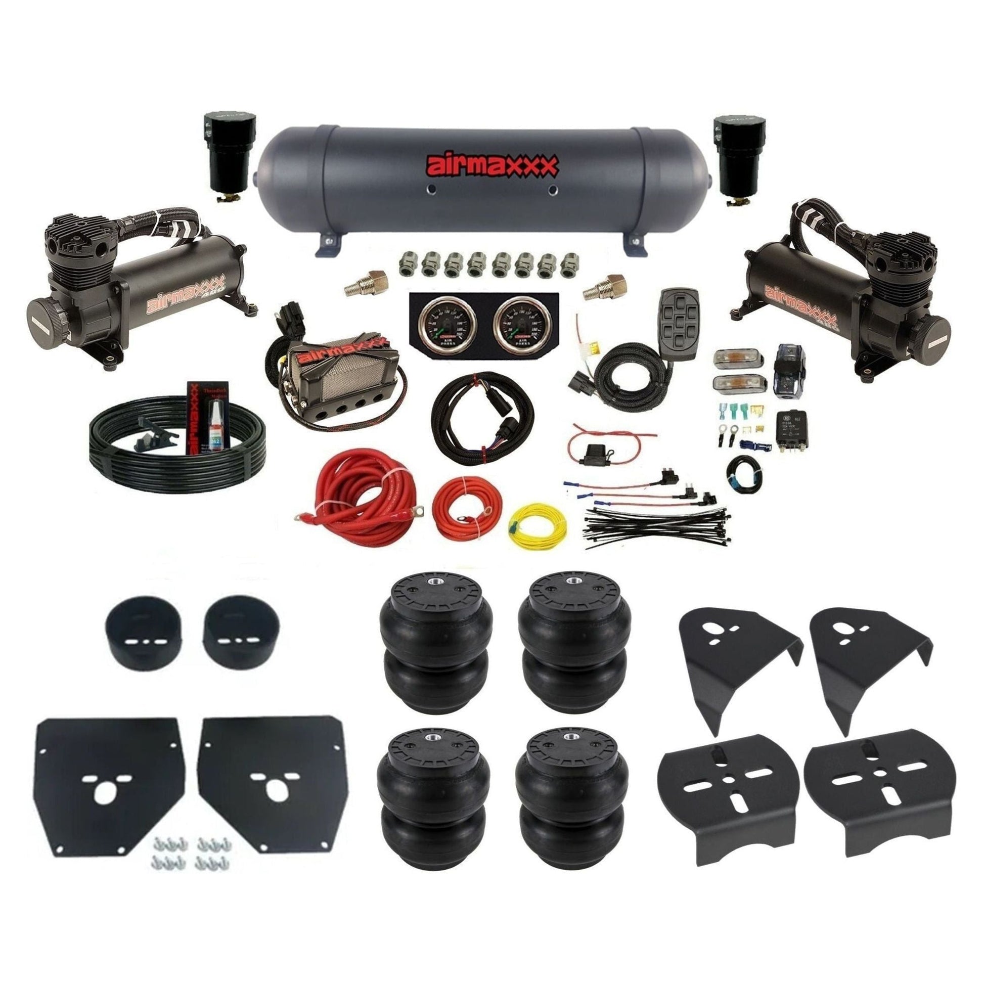 airmaxxx black 480 air compressors black aluminum tank w/Slam bags & brackets 3/8" air suspension manifold kit fits 1973-1987 Chevy C10 KC1073-480B2-57ABK-X4X7-WK-HFSS7