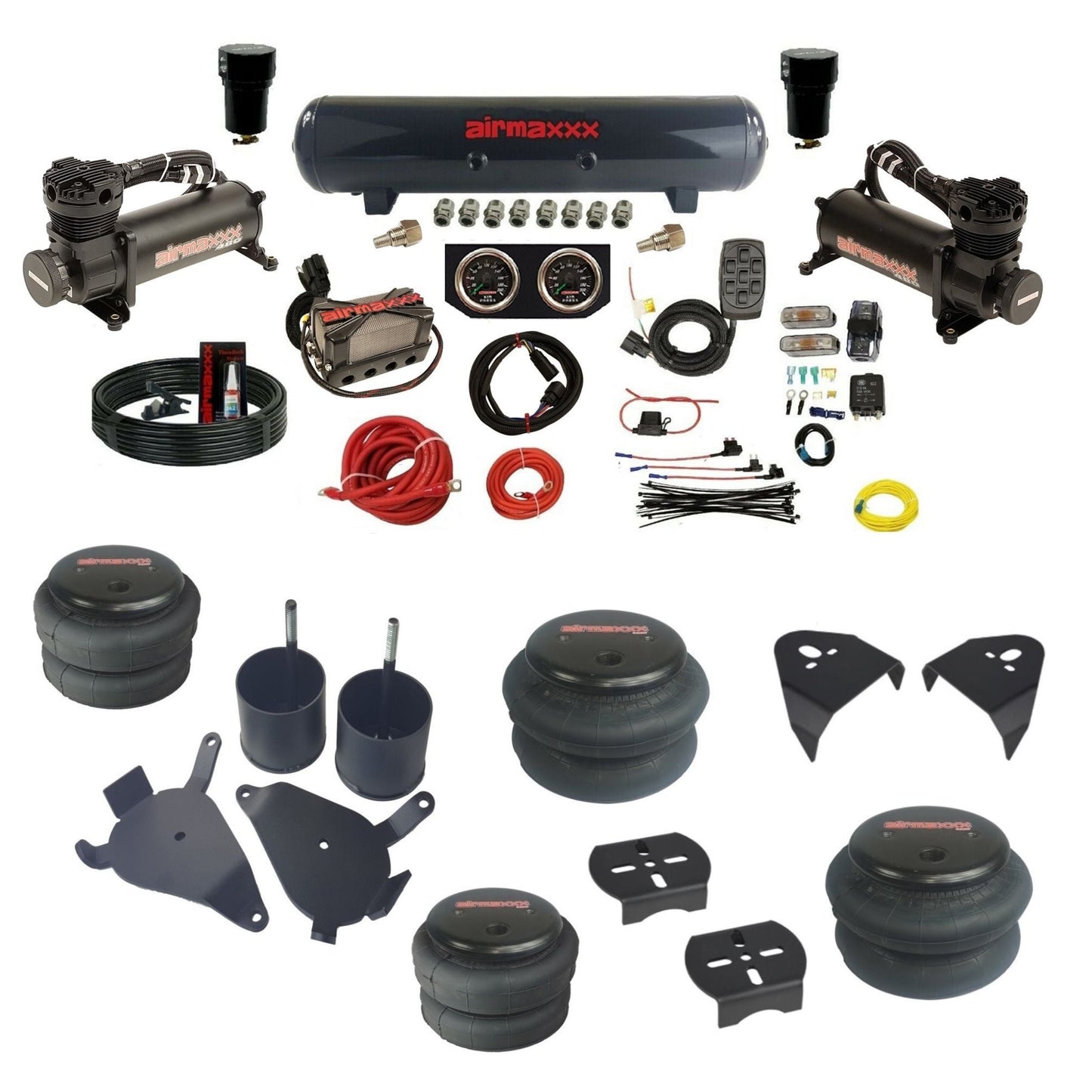 airmaxxx black 480 air compressors steel air tank 2600 bags & brackets air suspension kit fits S10/S15/Sonoma KS10-480B2-57S-X4X7-WK-HF2WD