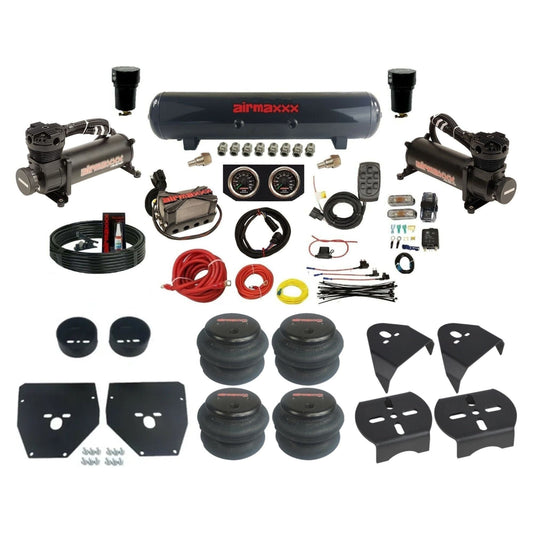 airmaxxx black 480 air compressors steel tank w/2600 bags & brackets 3/8" air suspension manifold kit fits 1973-1987 Chevy C10 KC1073-480B2-57S-X4X7-WK-HF