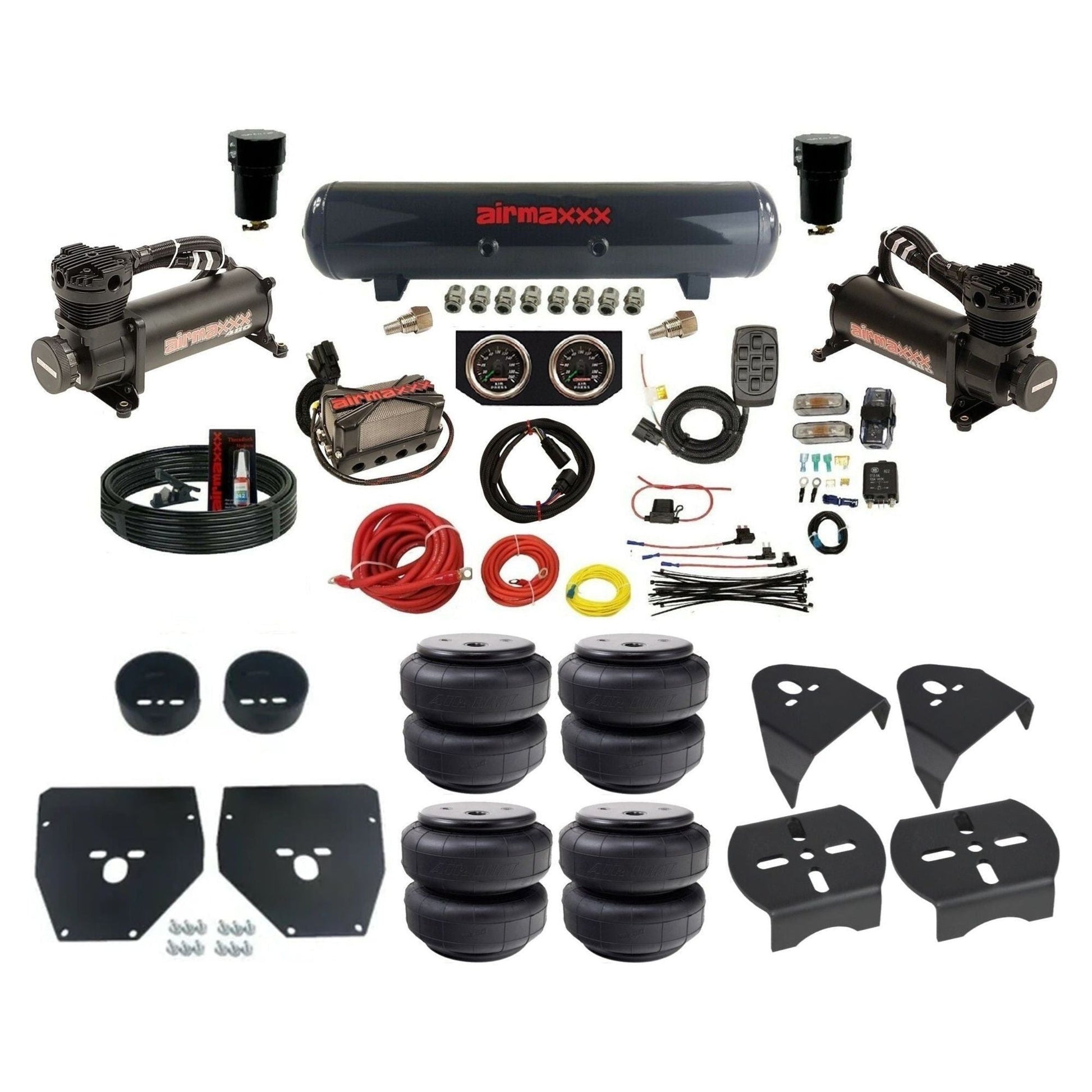 airmaxxx black 480 air compressors steel tank w/Air Lift bags & brackets 3/8" air suspension manifold kit fits 1973-1987 Chevy C10 KC1073-480B2-57S-X4X7-WK-HFD26