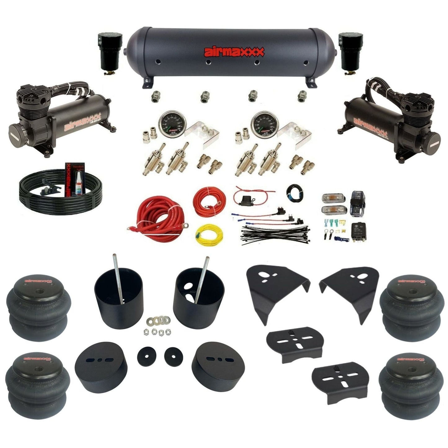 airmaxxx black 480 compressors aluminum air tank 2600 bags & brackets manual 3/8 air ride kit fits 1999-06 silverado/sierra 1500 KGM99-480B2-59ABK-4TOG2GA2B-WK-HF