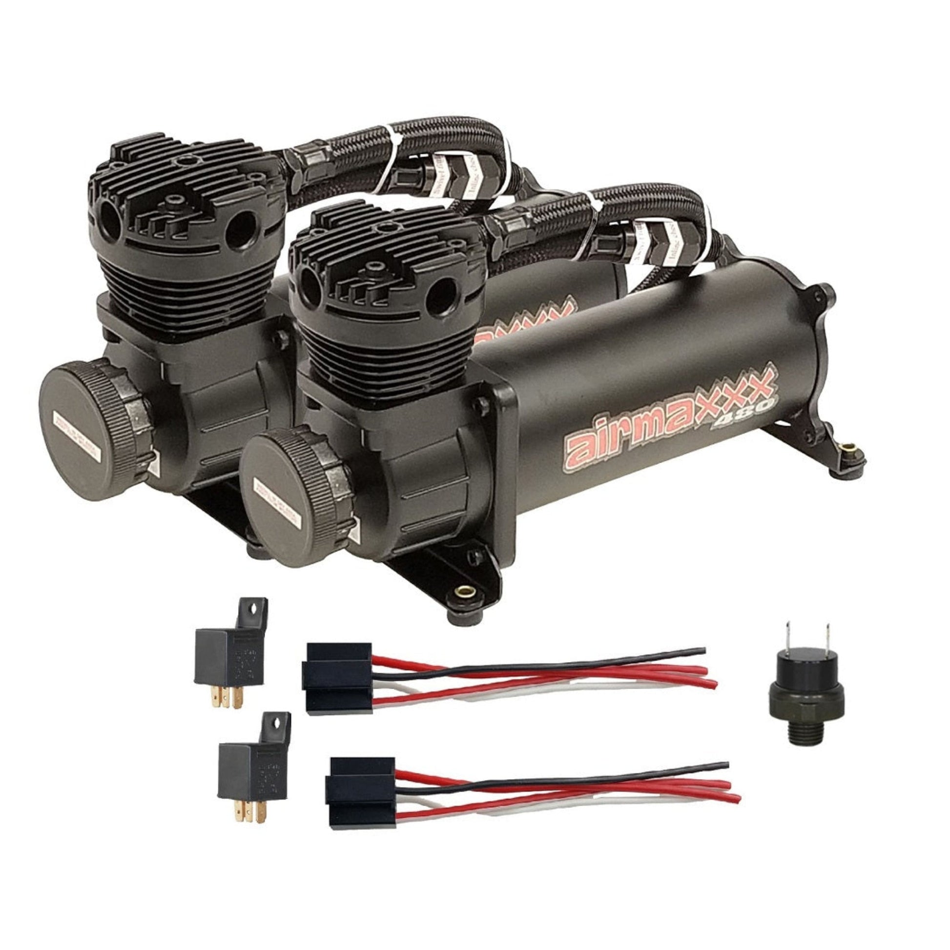 airmaxxx black 480 dual compressor pack with hoses and check valves pressure switch and relay