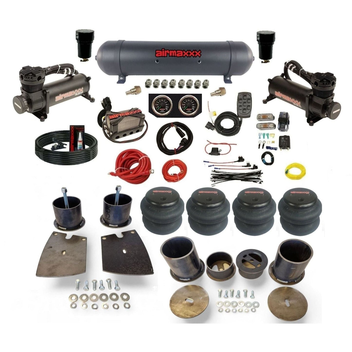 airmaxxx black 480 dual compressors with 5 gallon aluminum air tank X4 manifold & 2600 air bags w/brackets KBUI61-480B2-57ABK-X4X7-WK-HF
