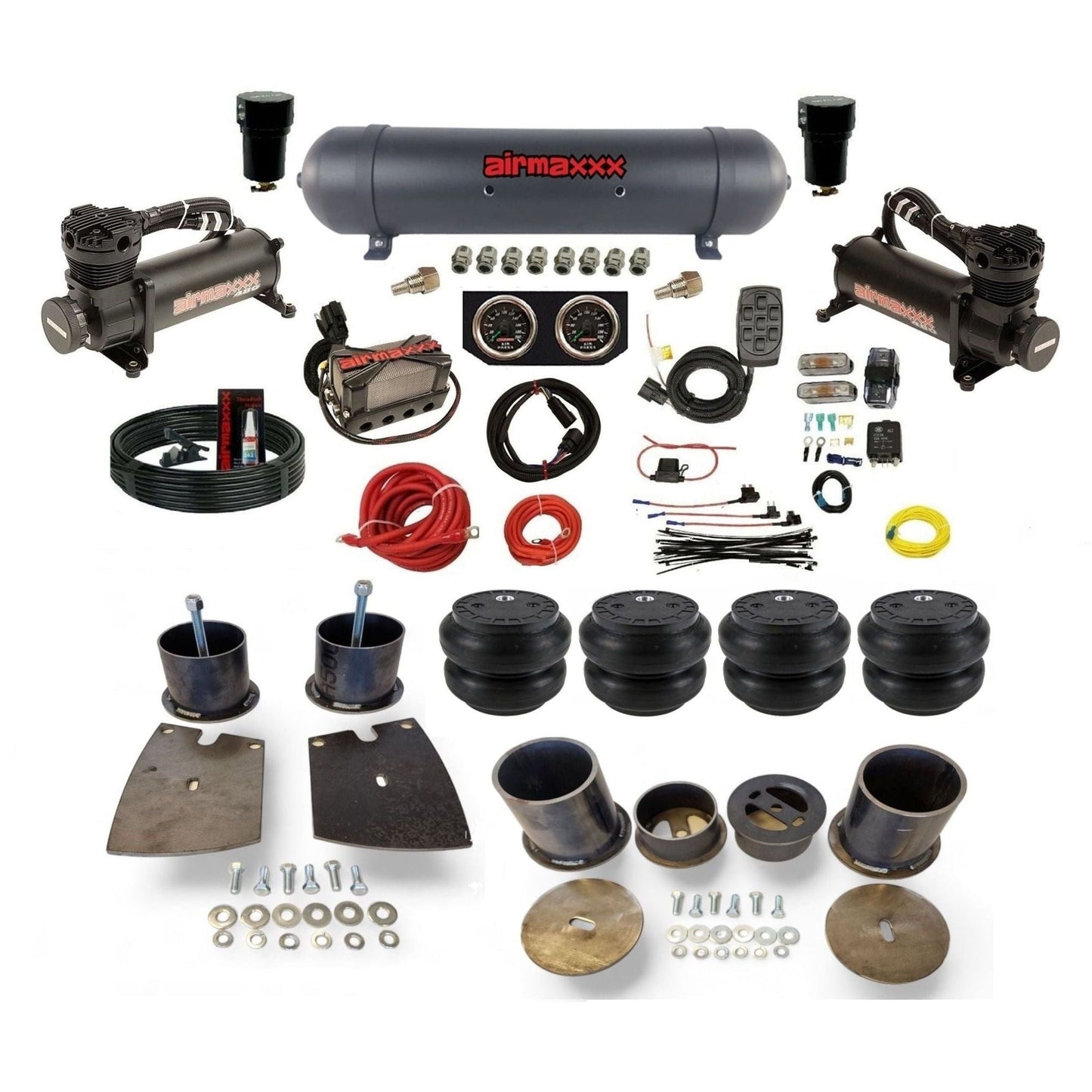 airmaxxx black 480 dual compressors with 5 gallon aluminum air tank X4 manifold & Slam air bags w/brackets KBUI61-480B2-57ABK-X4X7-WK-HFSS7