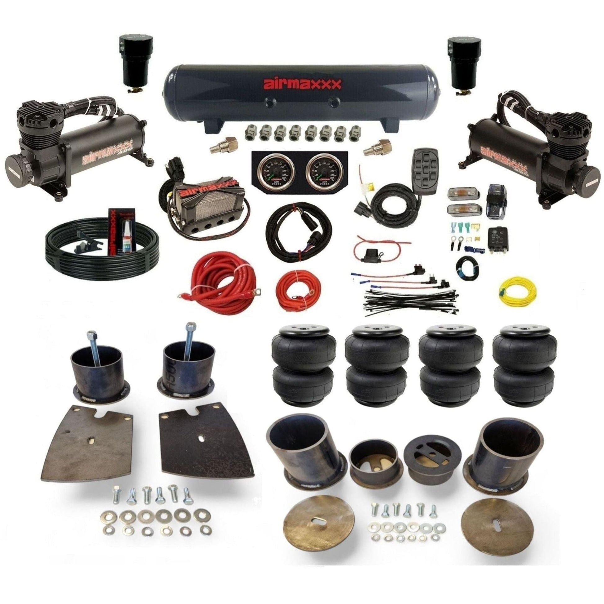 airmaxxx black 480 dual compressors with 5 gallon steel air tank X4 manifold & Air Lift air bags w/brackets KBUI61-480B2-57S-X4X7-WK-HFD25