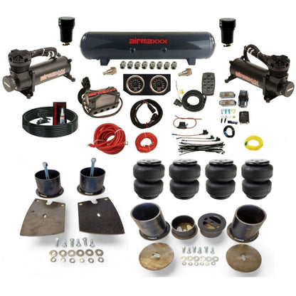 airmaxxx black 480 dual compressors with 5 gallon steel air tank X4 manifold & Air Lift air bags w/brackets KBUI61-480B2-57S-X4X7-WK-HFD25