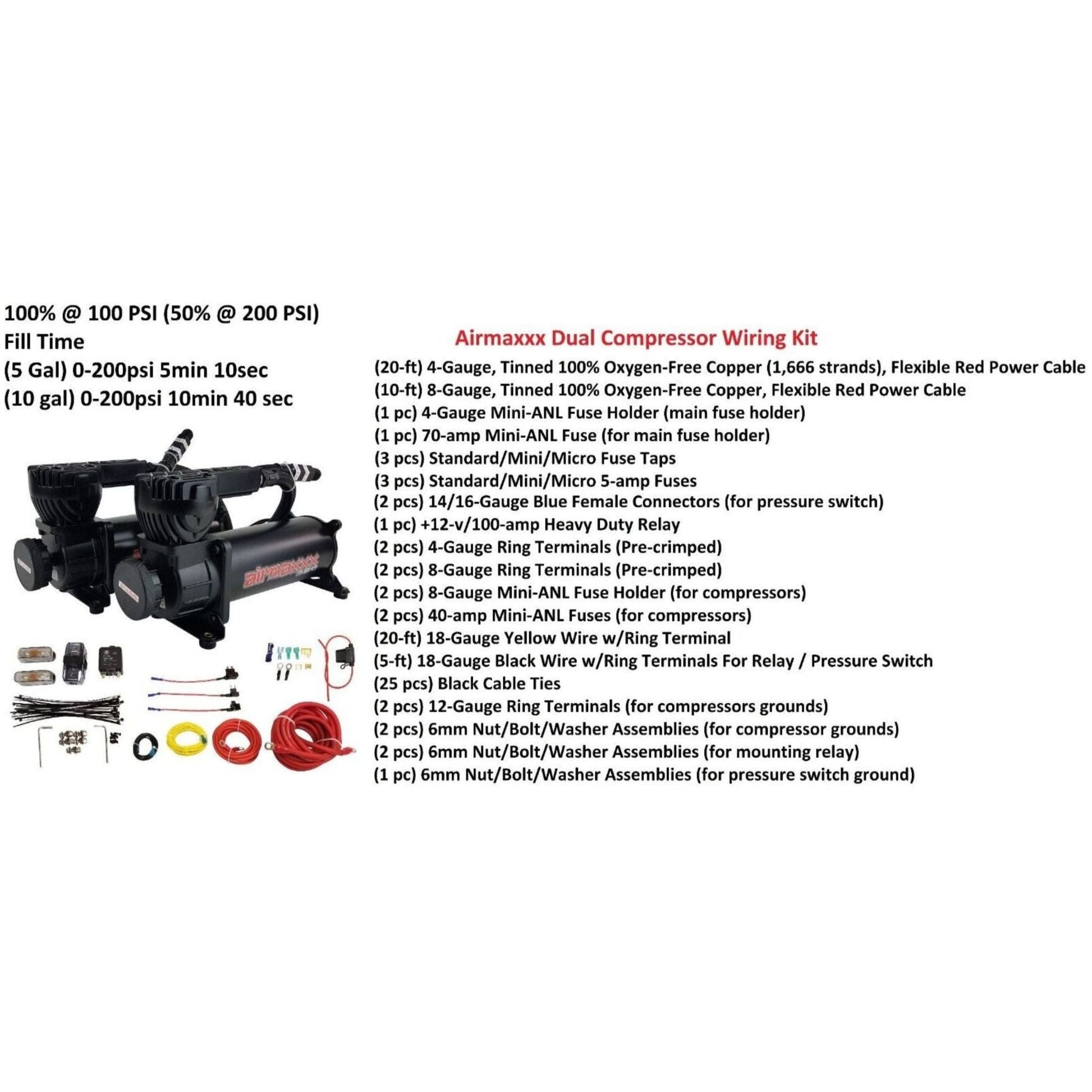 airmaxxx black 580 dual compressors with wiring kit air ride kit parts list included in kit