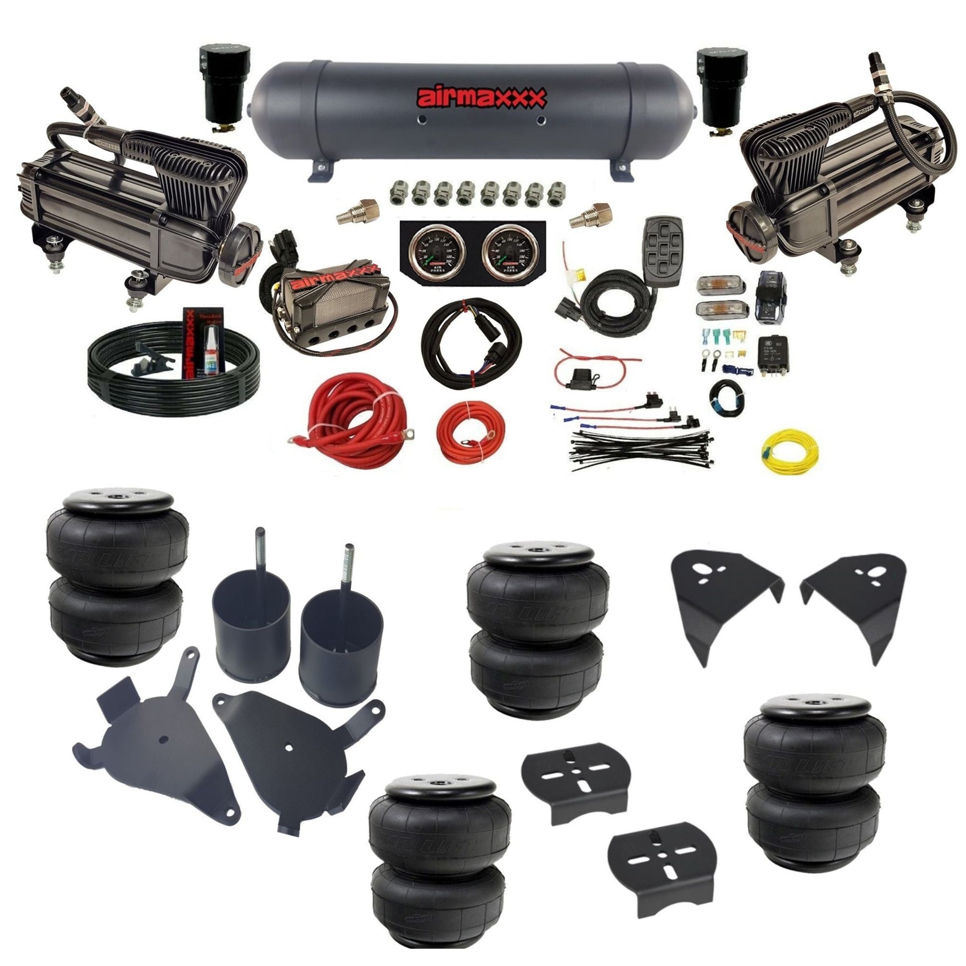 airmaxxx black X-series air compressors black aluminum air tank Air Lift bags & brackets air suspension kit fits S10/S15/Sonoma KS10-XB2-57ABK-X4X7-WK-HFD25