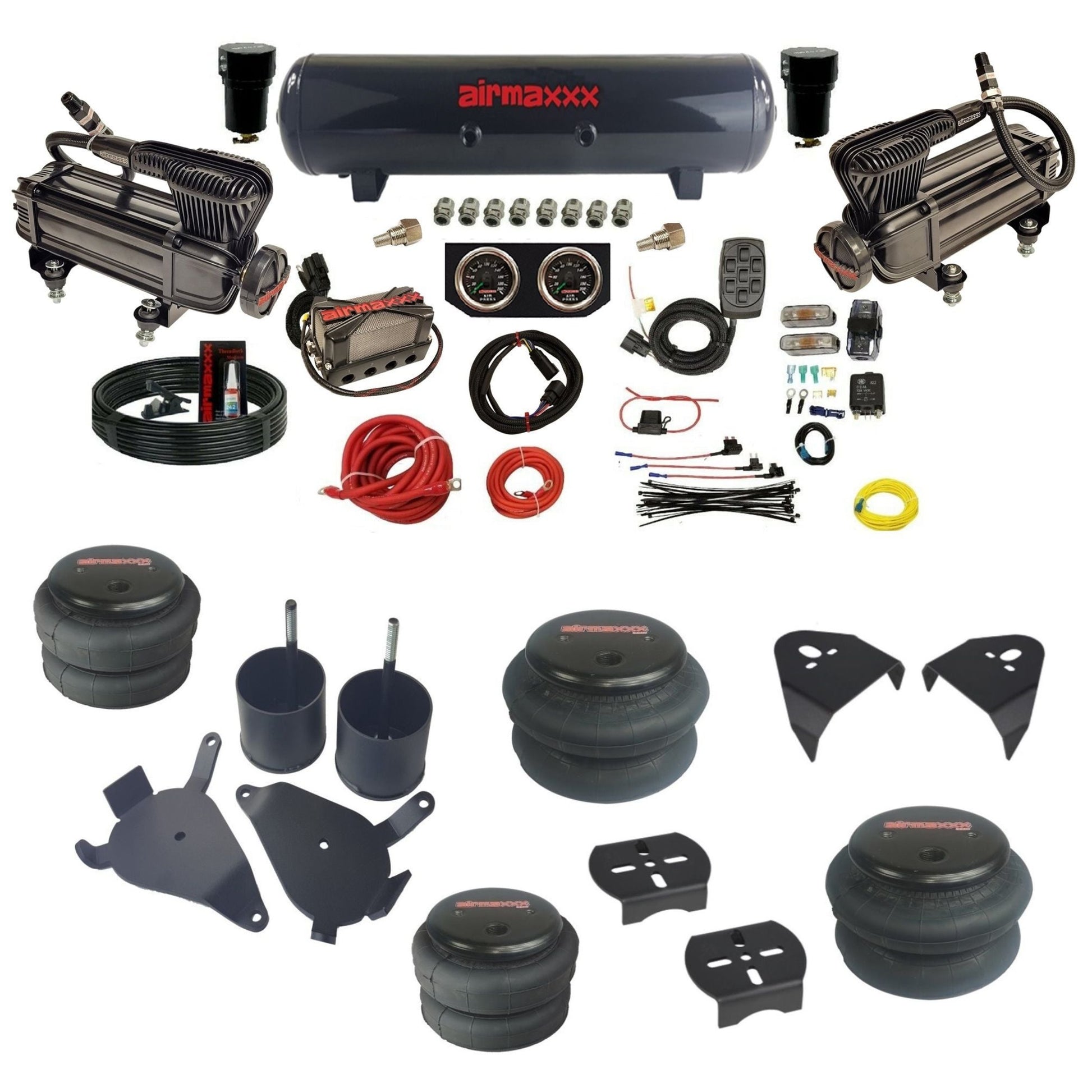 airmaxxx black X-series air compressors steel air tank 2600 bags & brackets air suspension kit fits S10/S15/Sonoma KS10-XB2-57S-X4X7-WK-HF