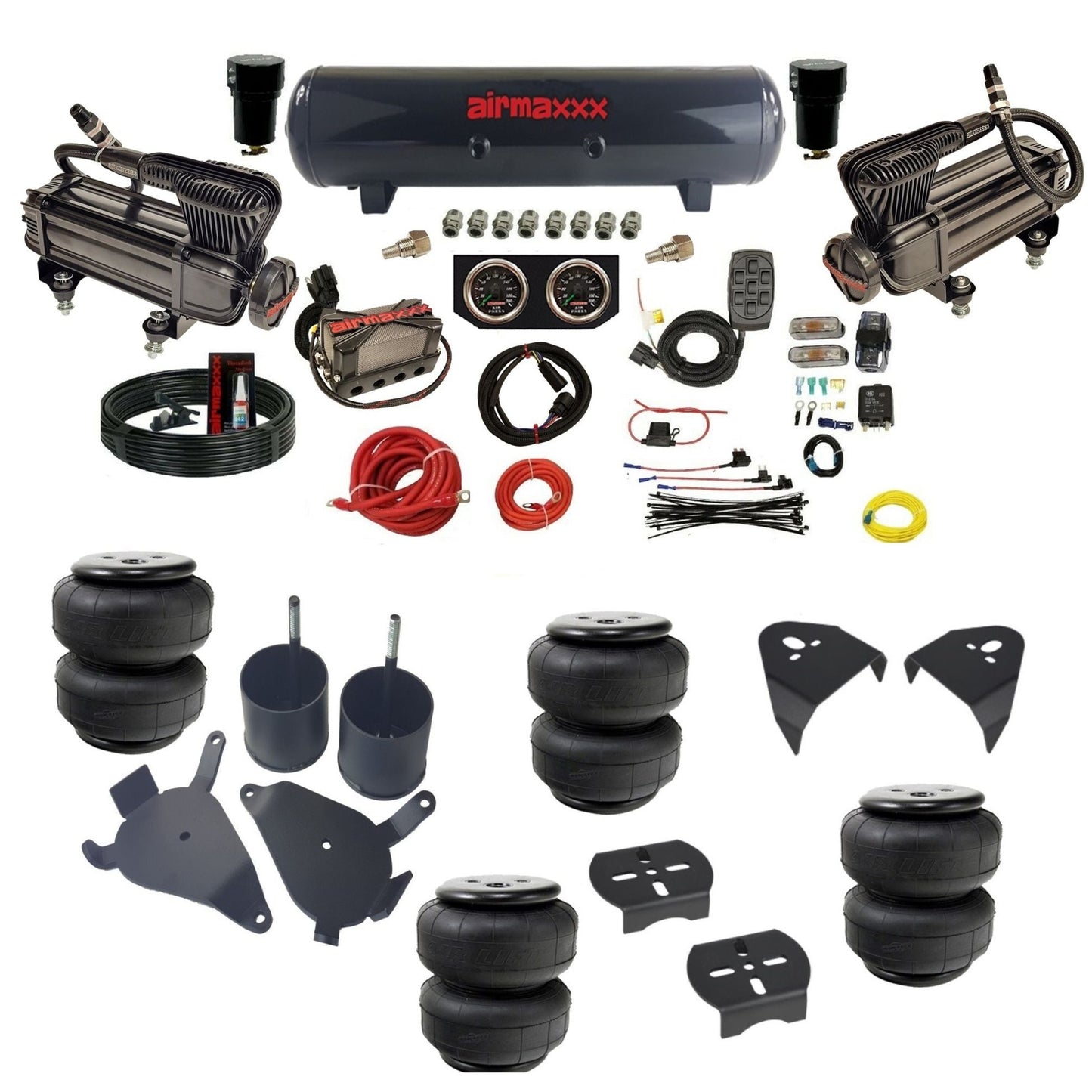 airmaxxx black X-series air compressors steel air tank Air Lift bags & brackets air suspension kit fits S10/S15/Sonoma KS10-XB2-57S-X4X7-WK-HFD25