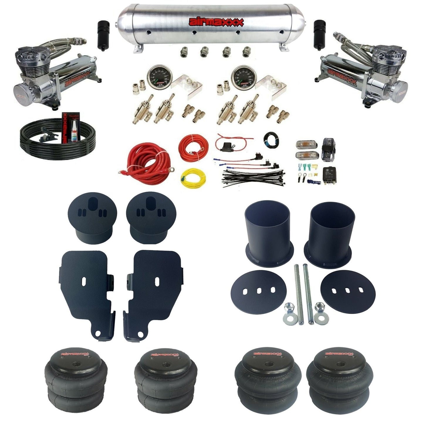 airmaxxx chrome 480 air compressors raw aluminum air tank 3/8 manual air suspension kit w/2500 2600 bags & brackets fits 1965 70 chevy impala KIMP65-480C2-59ARW-4TOG2GA2B-WK-HF