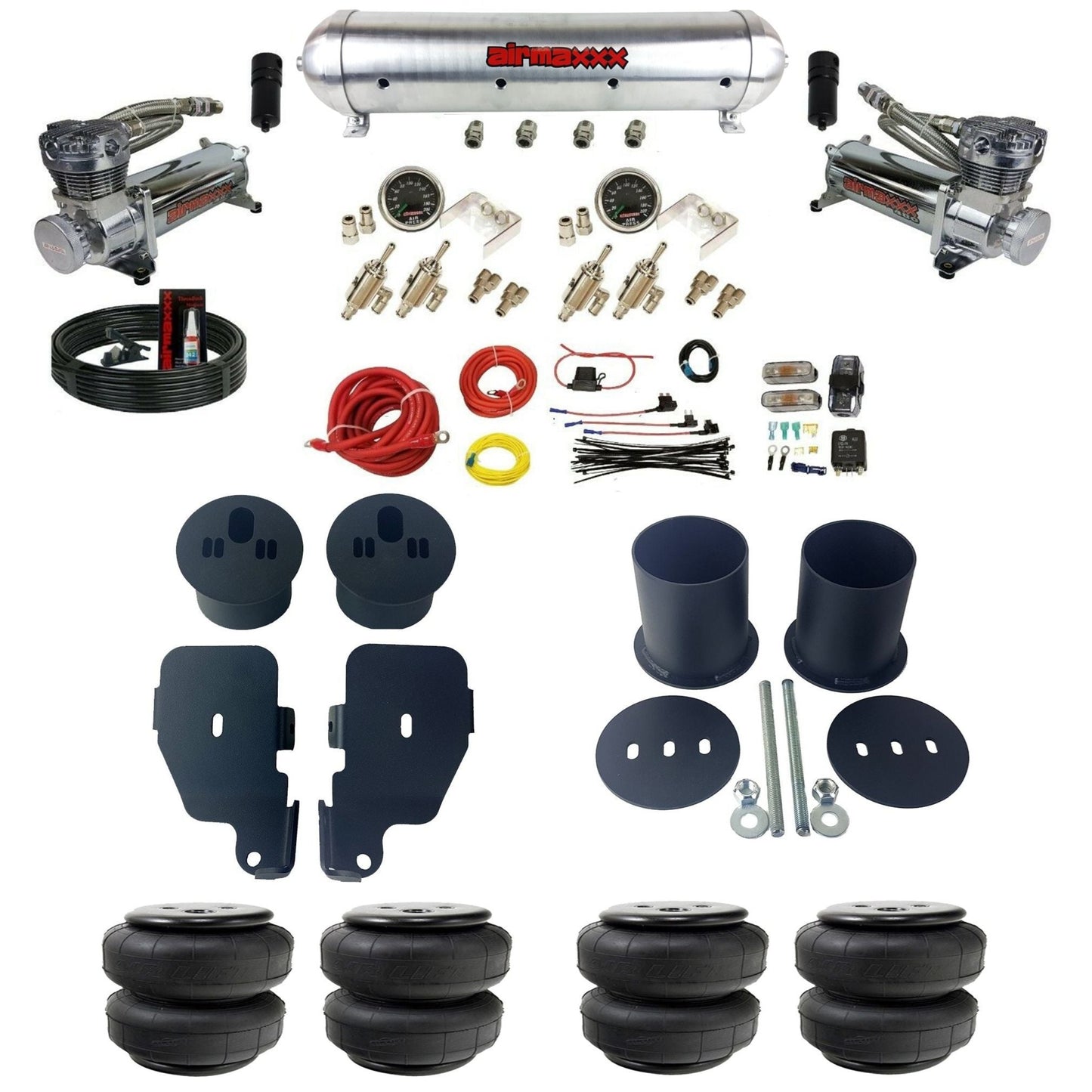 airmaxxx chrome 480 air compressors raw aluminum air tank 3/8 manual air suspension kit w/Air Lift bags & brackets fits 1965 70 chevy impala KIMP65-480C2-59ARW-4TOG2GA2B-WK-HFD25