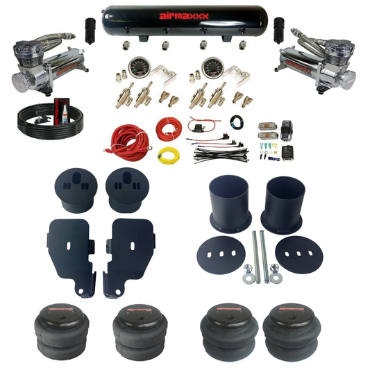 airmaxxx chrome 480 air compressors steel air tank 3/8 manual air suspension kit w/2500 2600 bags & brackets fits 1965 70 chevy impala KIMP65-480C2-59S-4TOG2GA2B-WK-HF