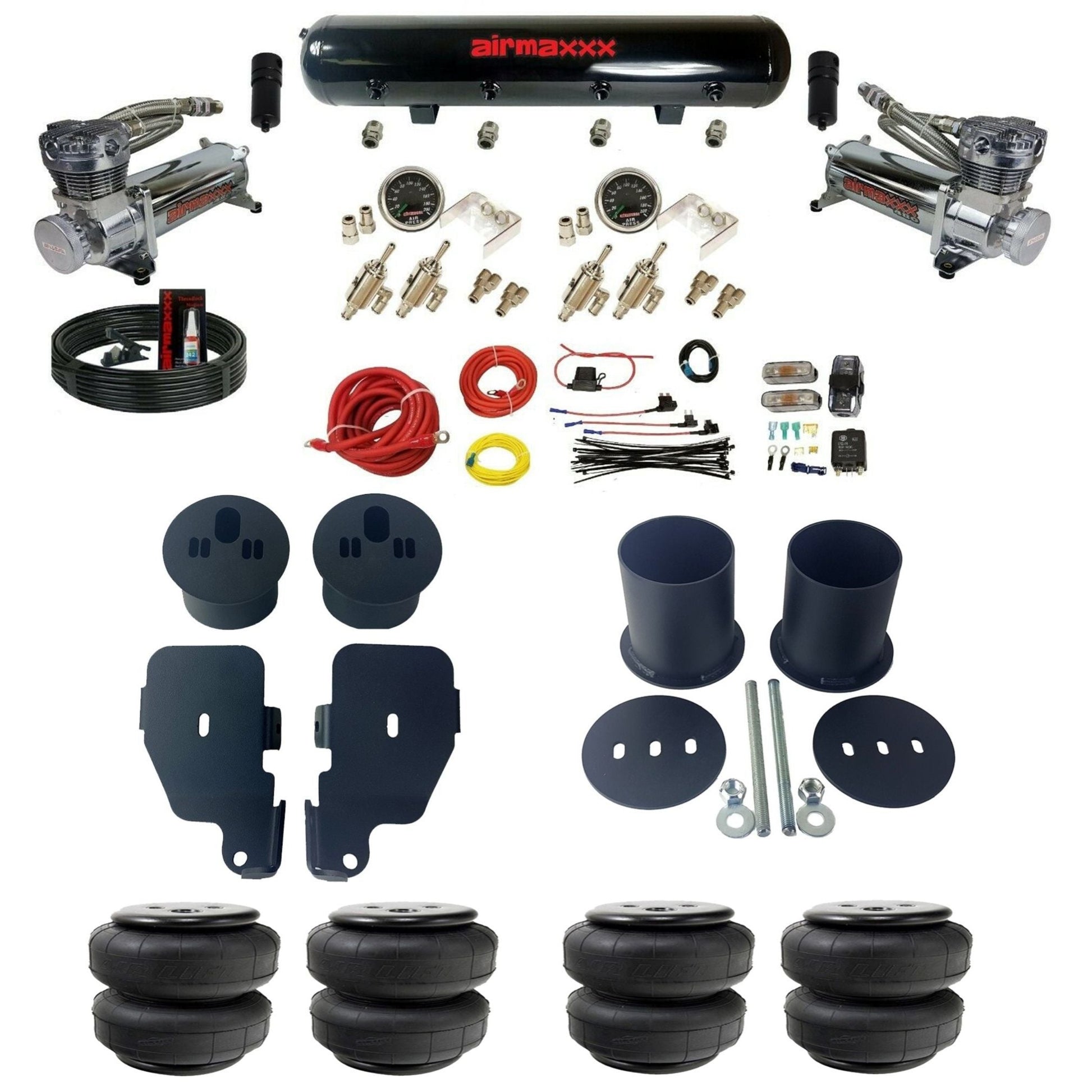 airmaxxx chrome 480 air compressors steel air tank 3/8 manual air suspension kit w/Air Lift bags & brackets fits 1965 70 chevy impala KIMP65-480C2-59S-4TOG2GA2B-WK-HFD25