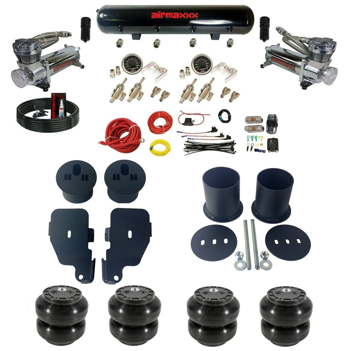 airmaxxx chrome 480 air compressors steel air tank 3/8 manual air suspension kit w/Slam bags & brackets fits 1965 70 chevy impala KIMP65-480C2-59S-4TOG2GA2B-WK-HFSS6