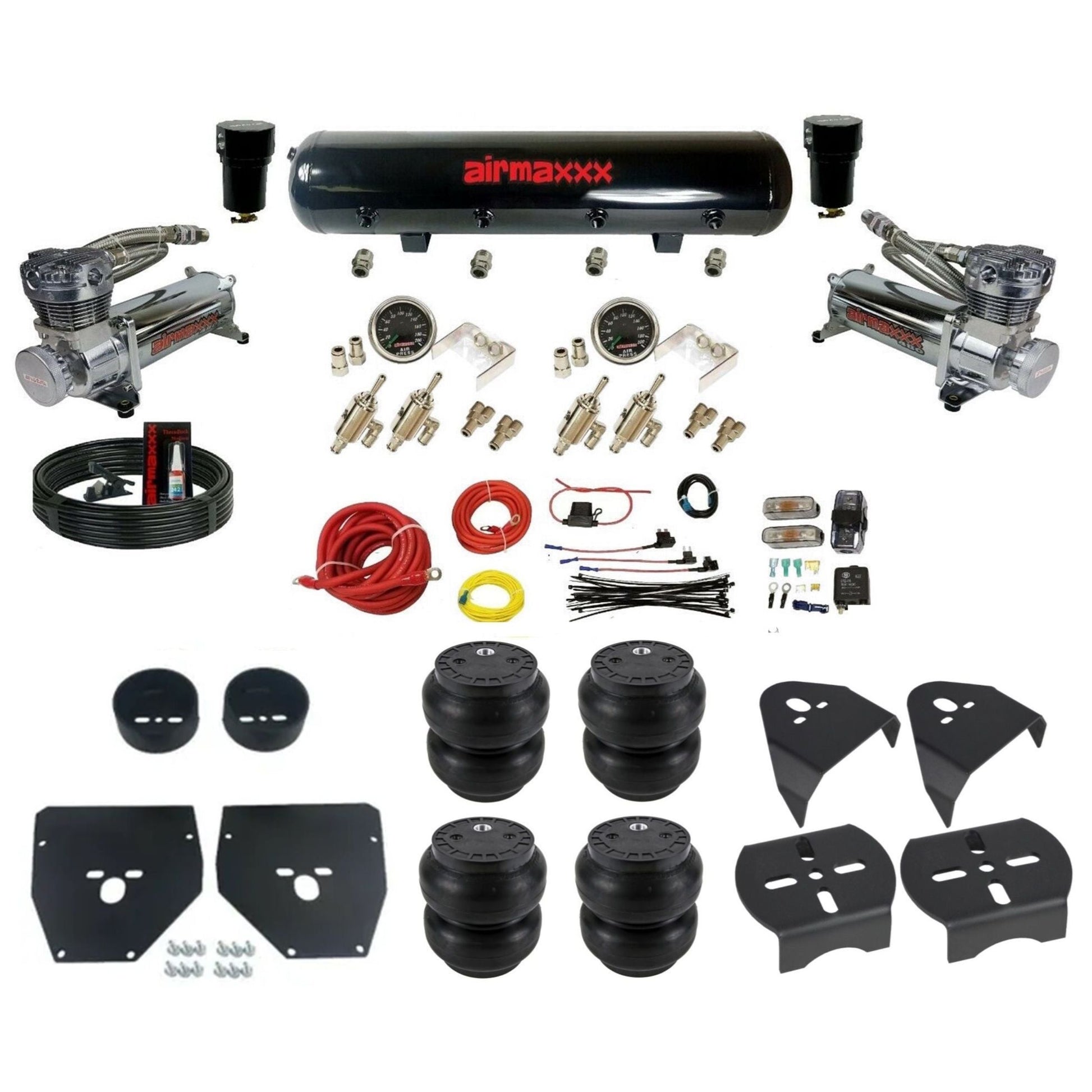 airmaxxx chrome 480 air compressors steel air tank SS7 bags & brackets manual 3/8 air ride kit for 1973-87 chevy c10 KC1073-480C2-59S-4TOG2GA2B-WK-HFSS7