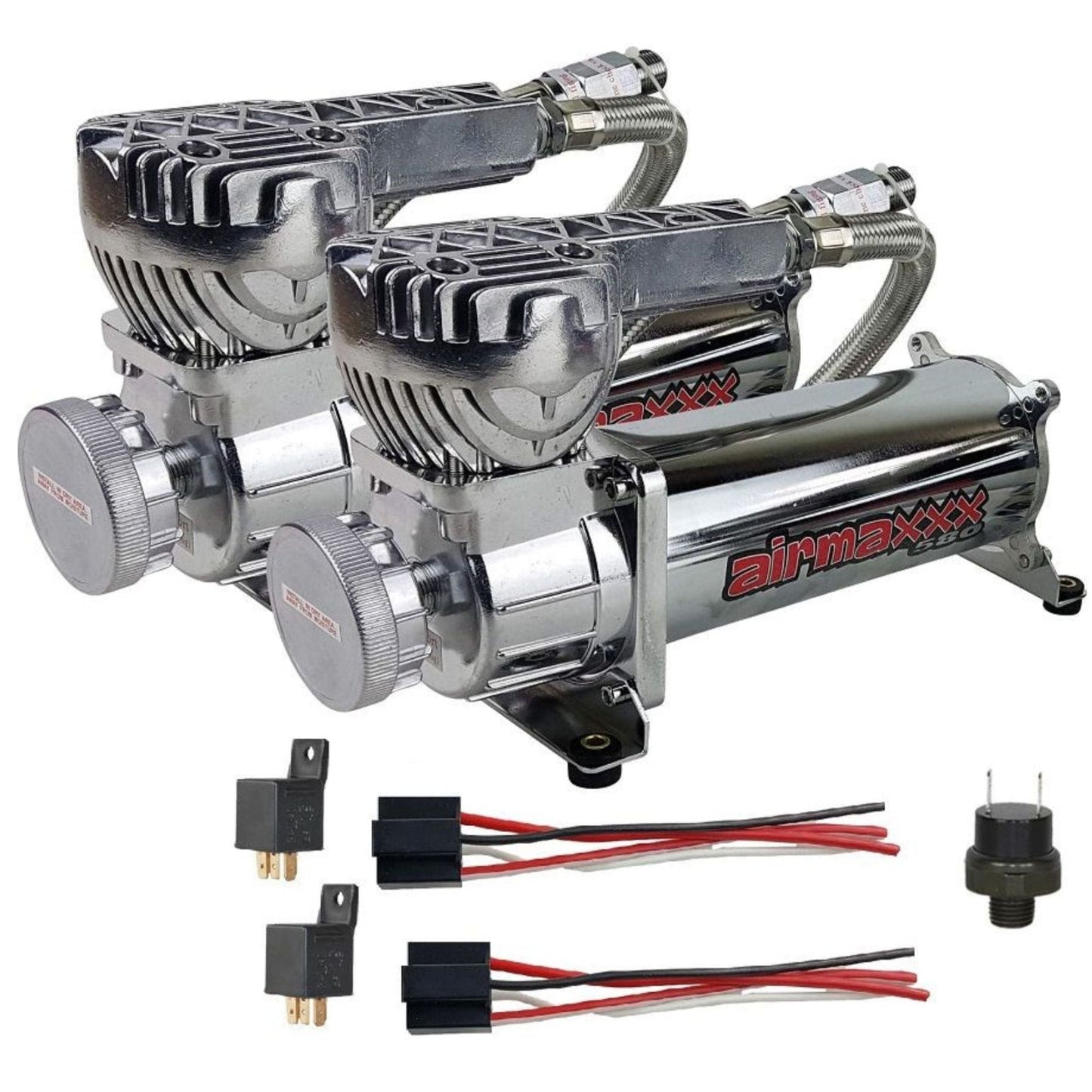 airmaxxx chrome 580 dual air compressors w/relays and pressure switch