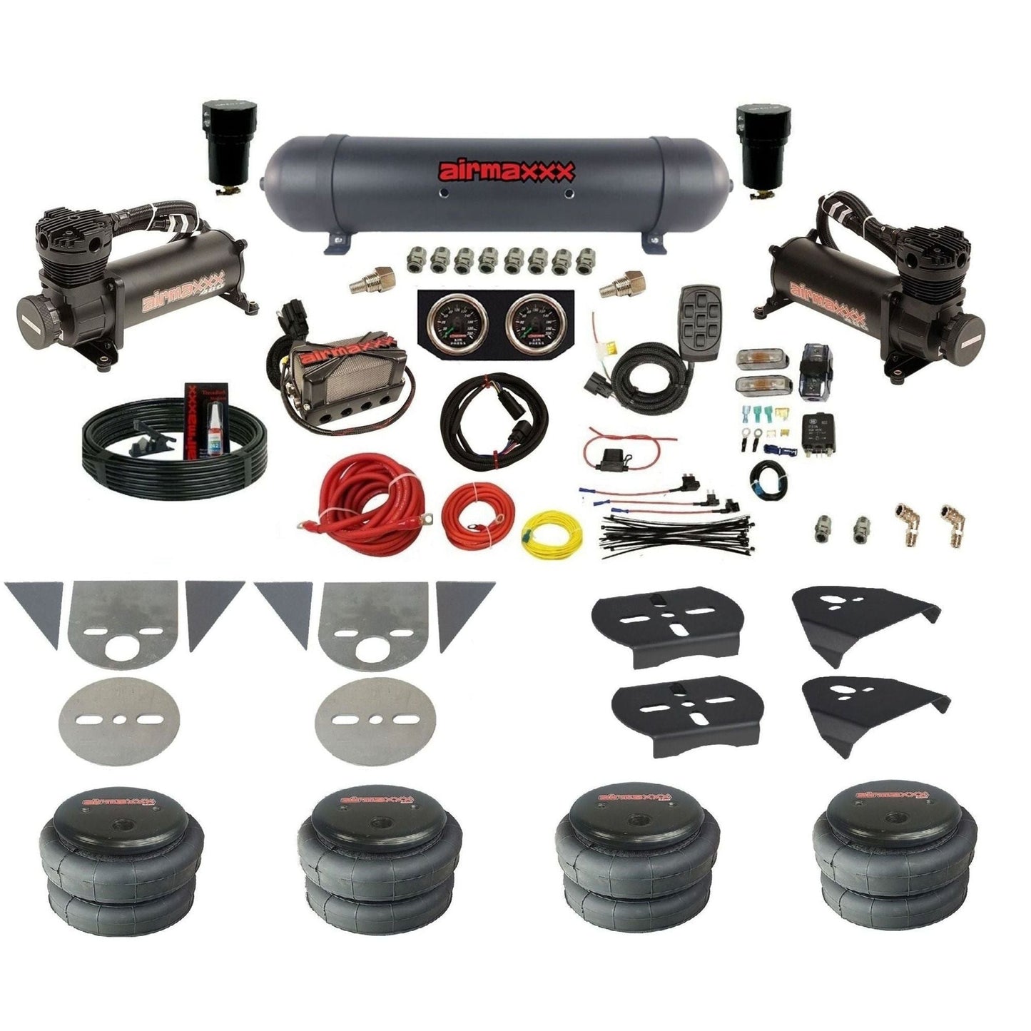 airmaxxx complete mini truck air ride kit with 480 blk compressor black aluminum tank with 2500 bags gauges and fittings KTOR-480B2-57ABK-X4X7-X7R-WK-HF
