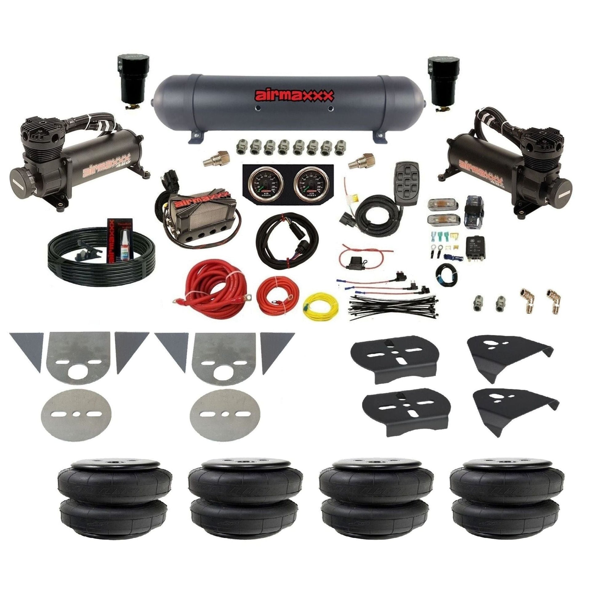 airmaxxx complete mini truck air ride kit with 480 blk compressor black aluminum tank with air lift bags gauges and fittings KTOR-480B2-57ABK-X4X7-X7R-WK-HFD25 