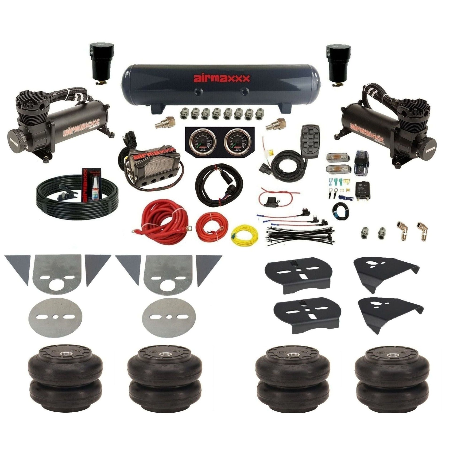 airmaxxx complete mini truck air ride kit with 480 blk compressor steel tank with slam bags gauges and fittings KTOR-480B2-57S-X4X7-X7R-WK-HFSS6