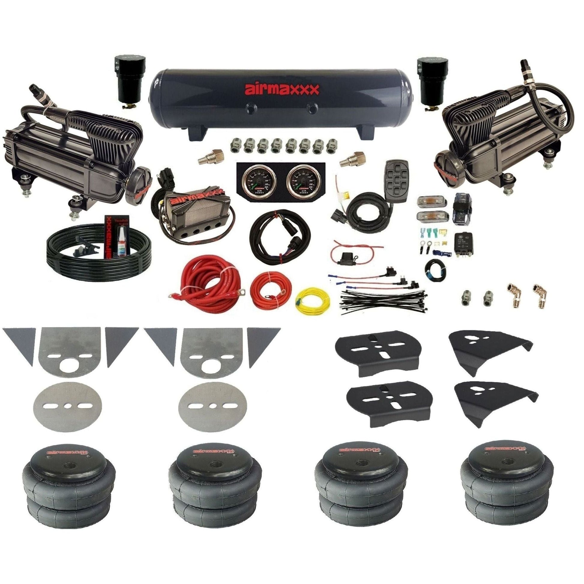 airmaxxx complete mini truck air ride kit with x-series blk compressor steel tank gauges and fittings KTOR-XB2-57S-X4X7-X7R-WK-HF